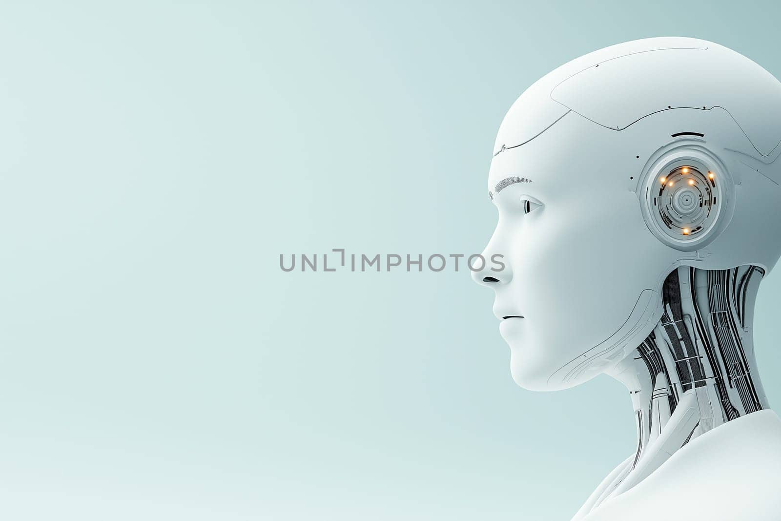 Side view of a white humanoid robot against a soft blue background, showcasing technological innovation and futuristic design. Ideal for concepts of artificial intelligence and robotics.