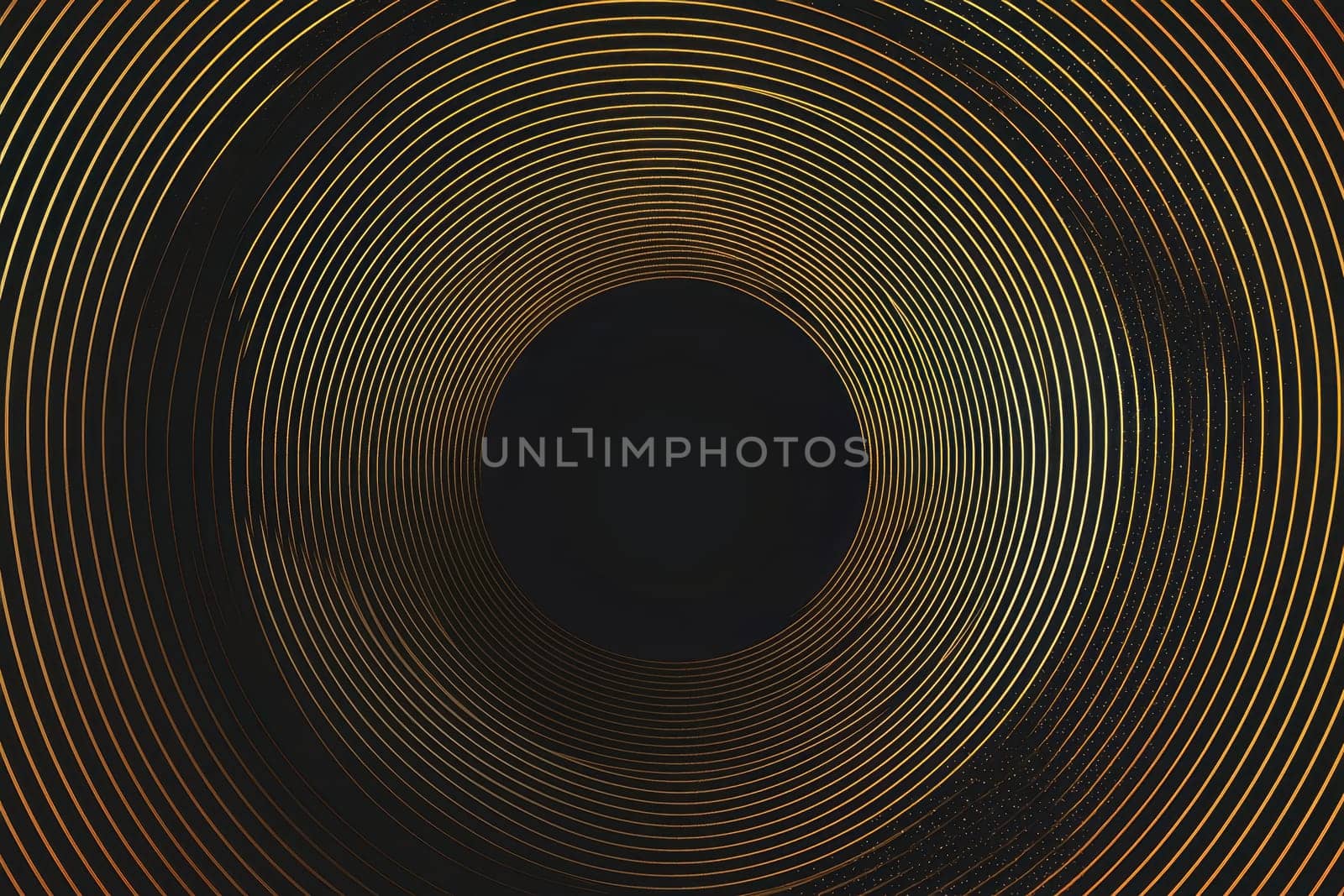 A gold and black circle with a black hole in the center. The circle is surrounded by a series of lines