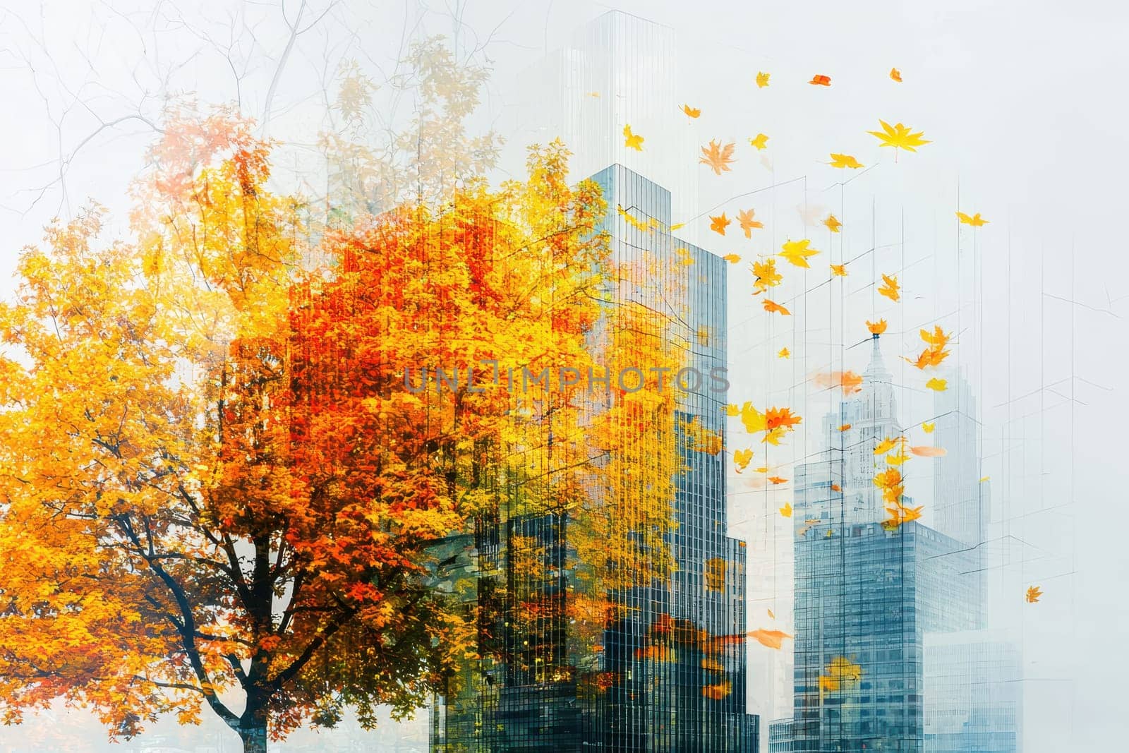 A city skyline with a tree in the foreground and leaves falling from it. The leaves are scattered all over the city, creating a sense of movement and change. The image evokes a feeling of autumn