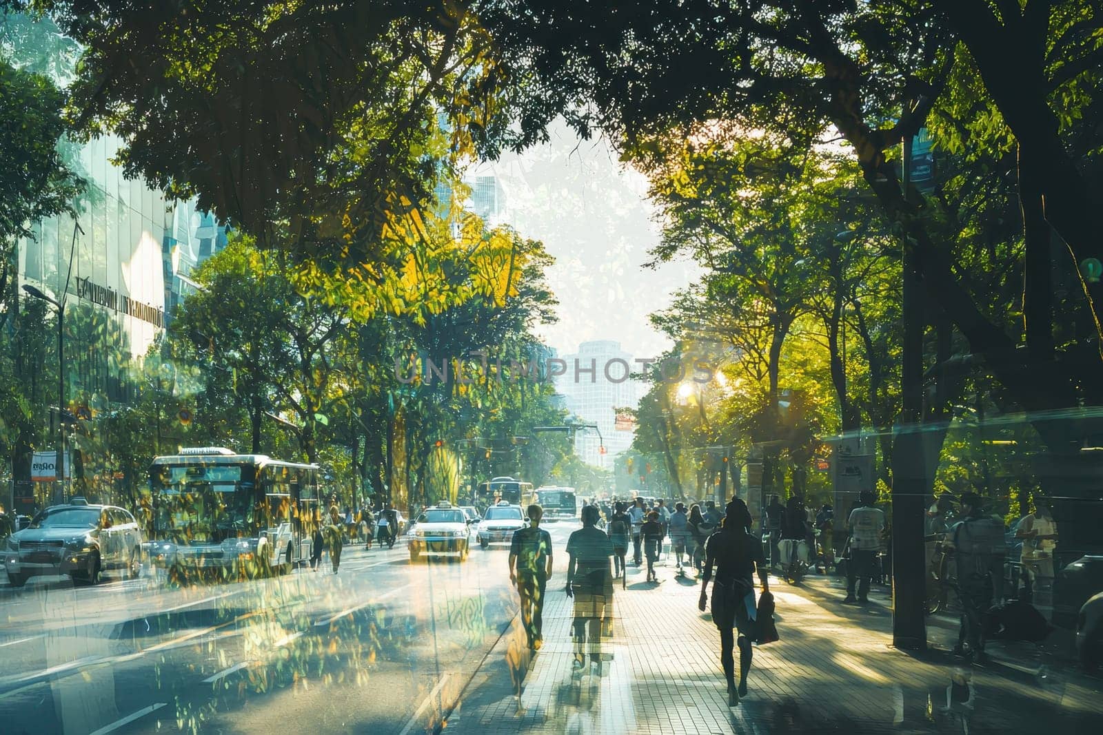 A busy city street with people walking and cars driving. Scene is bustling and lively