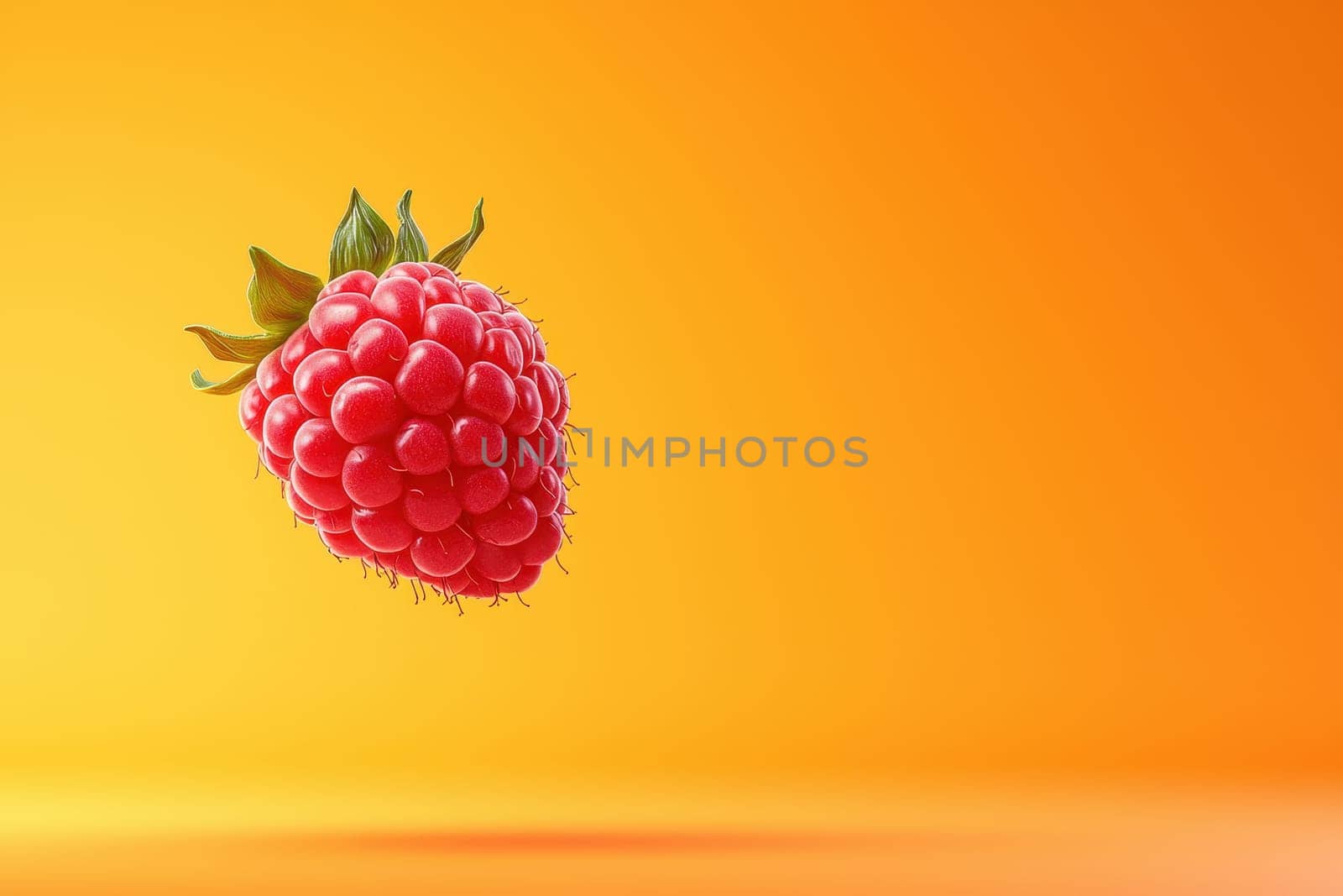 A vibrant raspberry hovers in mid-air, showcasing its alluring detail and freshness against a bright orange background, perfect for food inspiration.