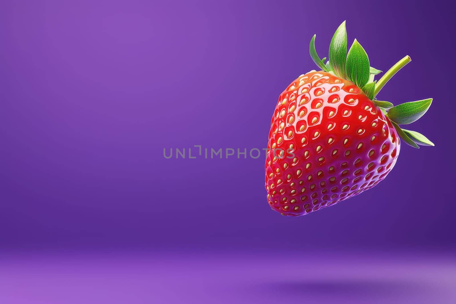 A photorealistic image of a vibrant strawberry floating in mid-air against a stunning purple background, highlighting its fresh and inviting attributes.