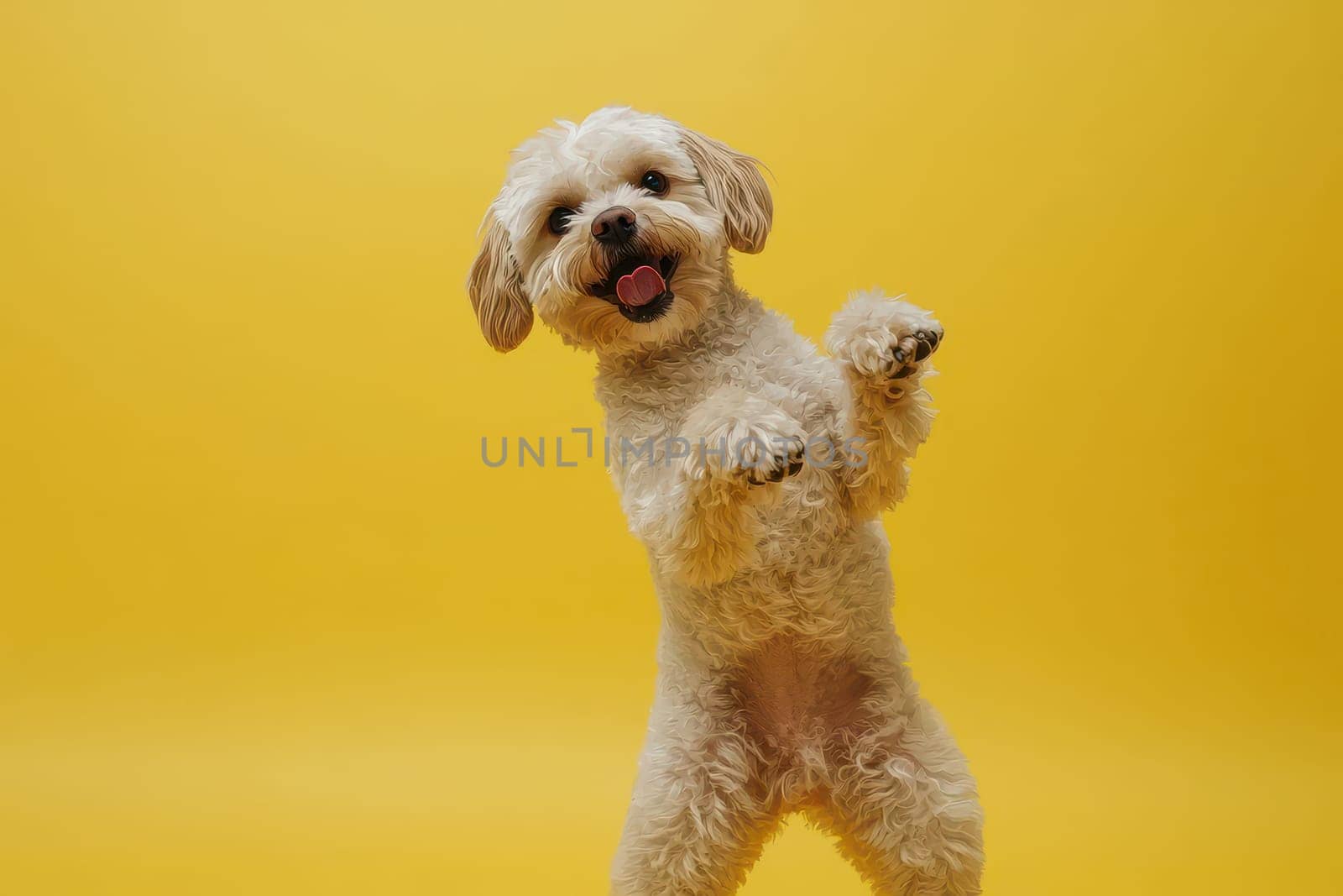 A cheerful dog dabbing with its tongue out against a vivid yellow backdrop. This playful and expressive pet captures the essence of fun and joy, perfect for pet lovers.