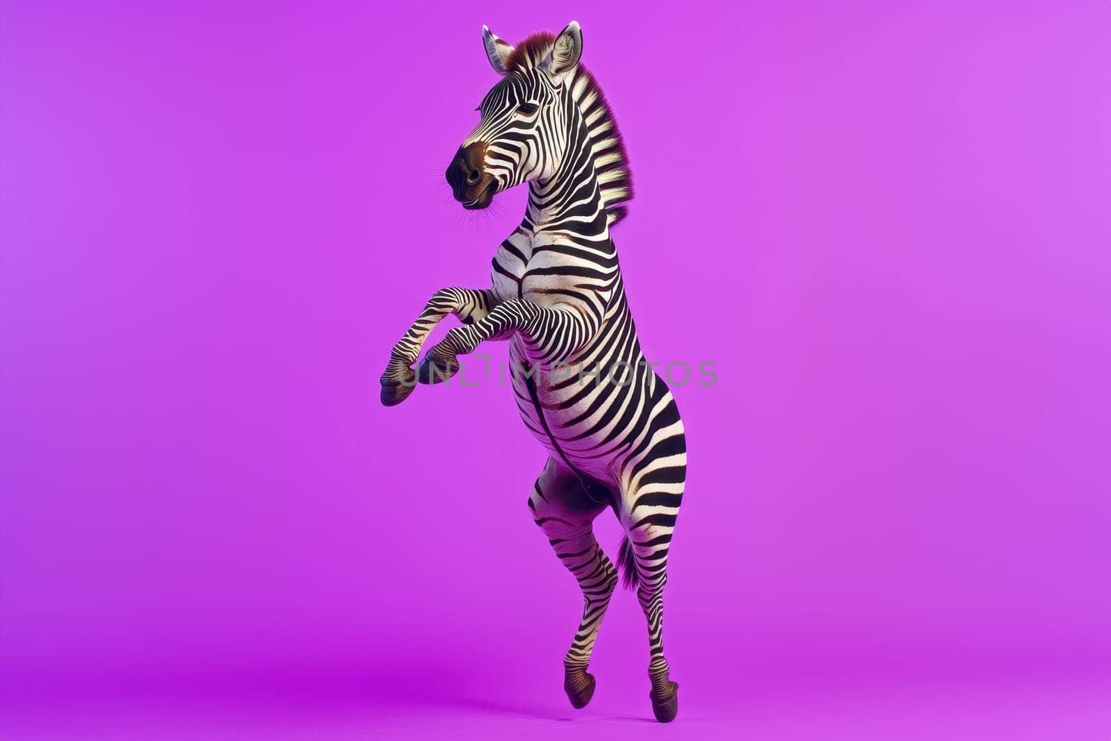 A striking image of a zebra mid-action against a vivid purple background, showcasing its dynamic posture and bold stripes in a playful and lively manner.