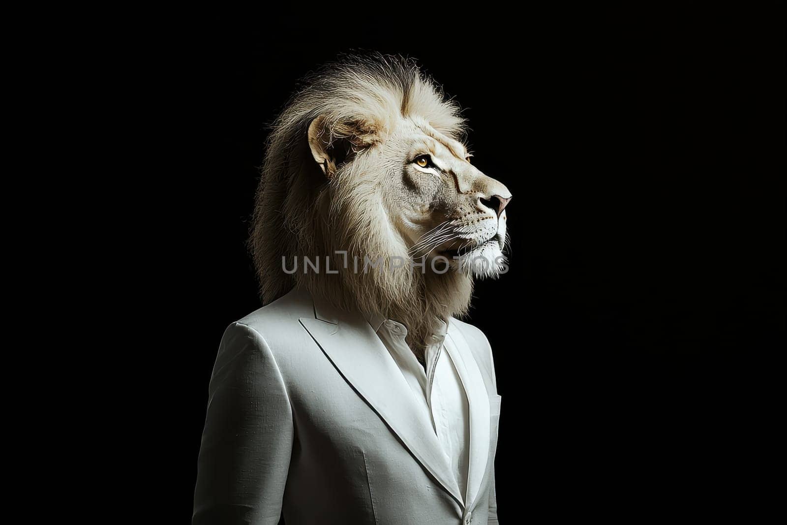 A stunning photorealistic portrait of a lion dressed in a crisp white suit, showcasing elegance and confidence against a dark backdrop. Perfect for artistic representations.