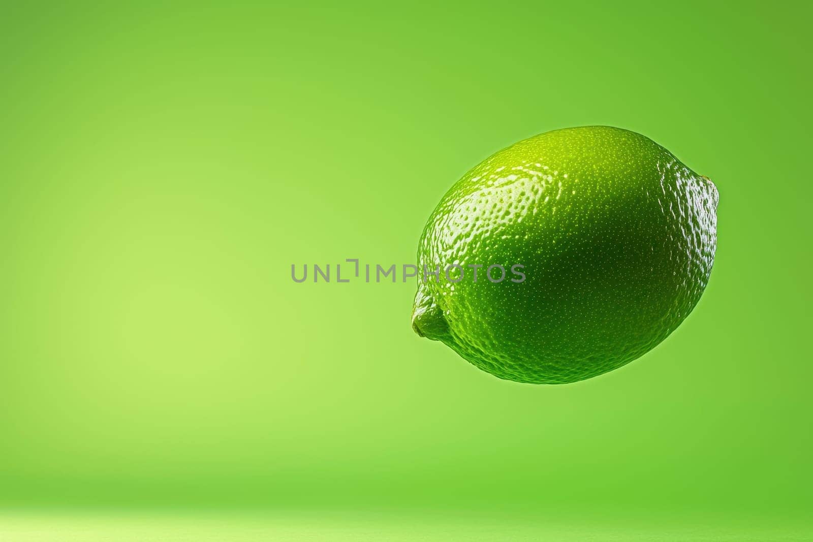 A radiant lime hovering in a neon green background, showcasing its vibrant color and texture. Ideal for food and health-related themes.