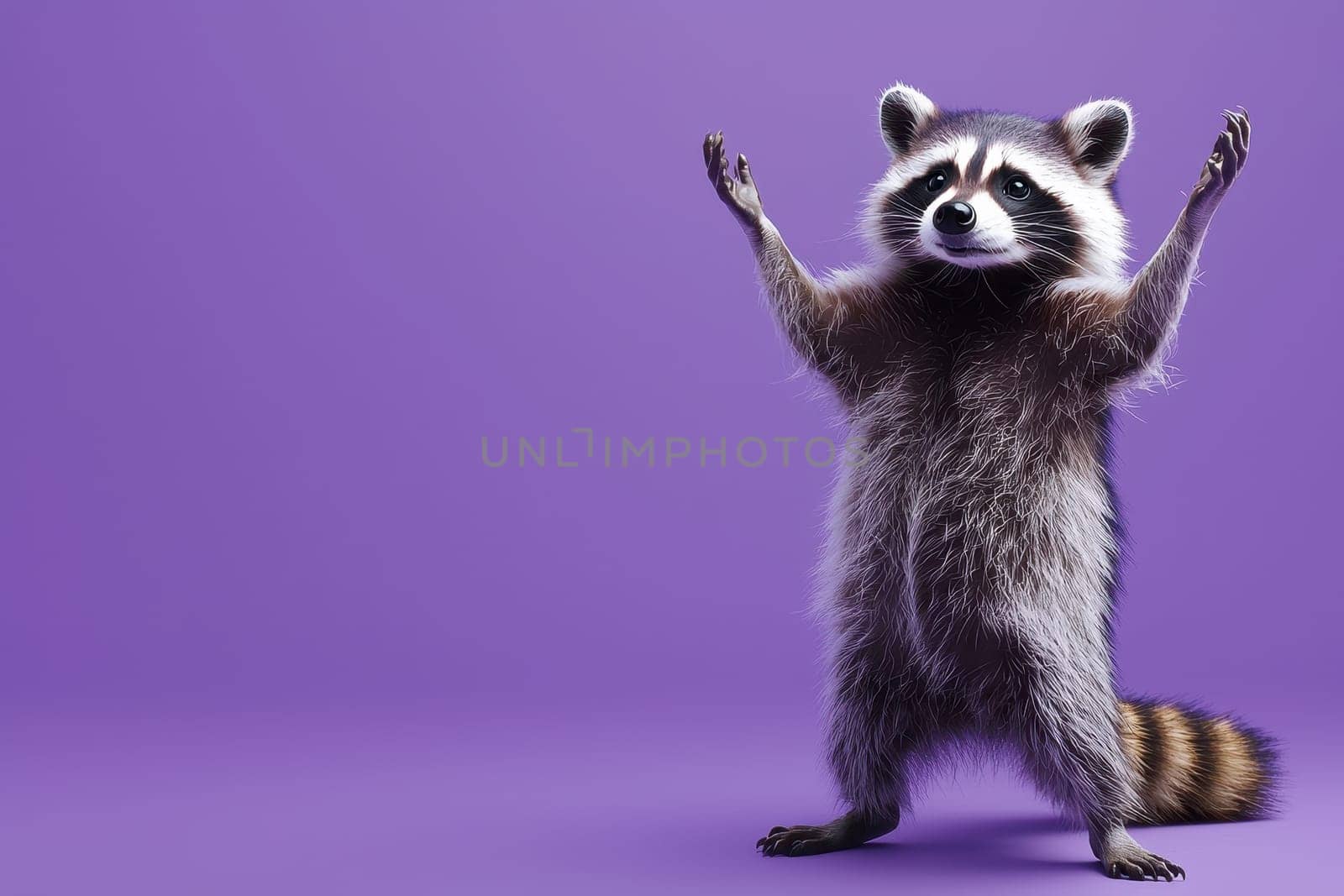 A cheerful raccoon stands with paws raised against a bright purple background, showcasing its playful nature. This image captures a vibrant and whimsical moment perfect for animal lovers.