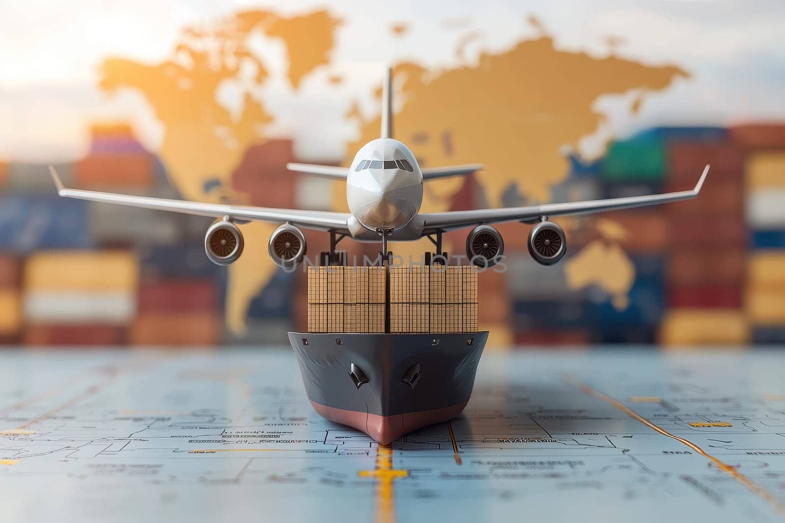 A conceptual image showcasing the synergy between air and sea freight logistics, featuring an airplane delivering cargo to a ship against a world map backdrop.