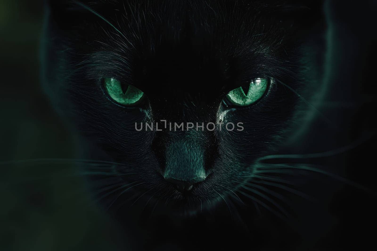A captivating close-up shot featuring a black cat with intense emerald eyes. The image captures the piercing gaze and sleek fur, highlighting the cat's mysterious beauty.
