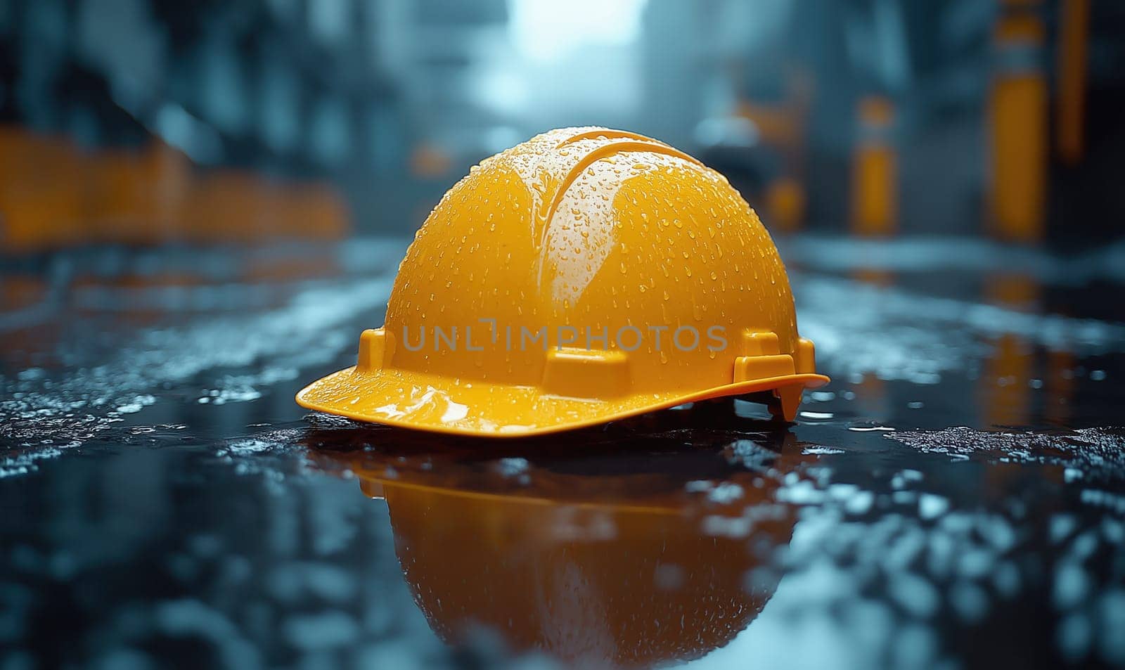 A working helmet lies on a wet surface below. Selective focus.