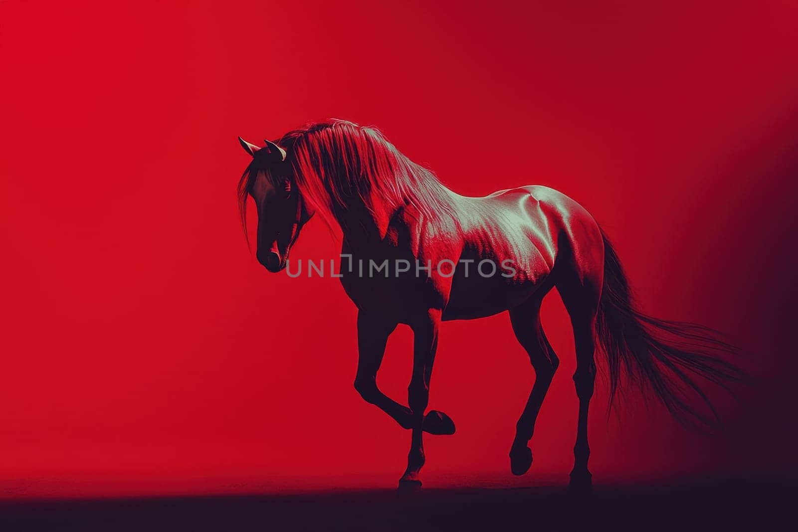 This surreal depiction of a horse features a flowing mane against a vivid red background, creating a striking artistic scene perfect for creative projects.