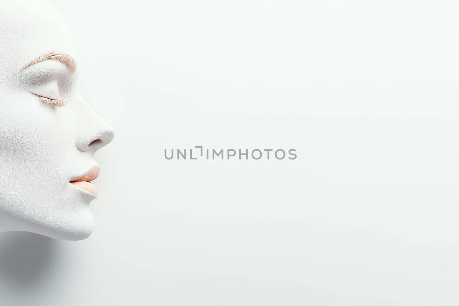 Side view of an abstract female face sculpture in minimalist white, featuring soft, closed eyes and delicate lips. The image conveys serenity and modern art aesthetics.