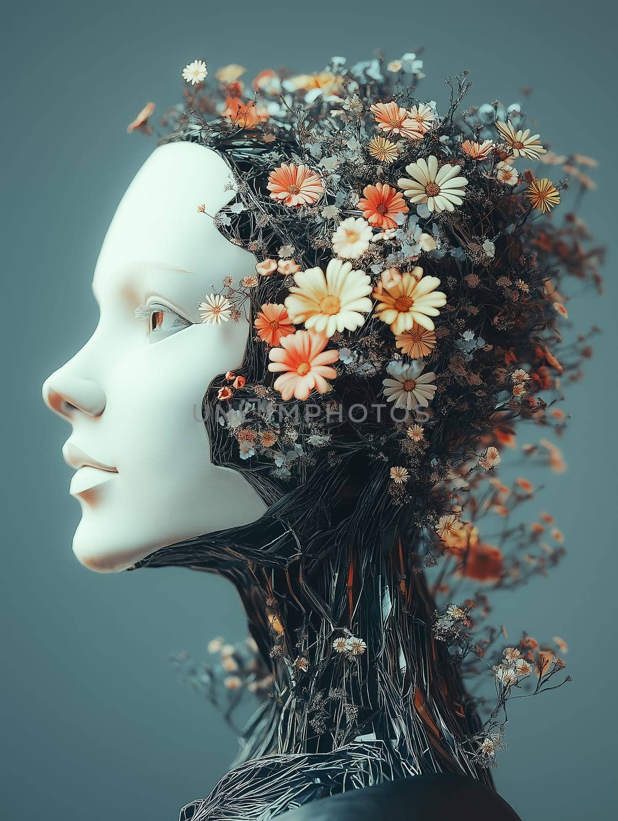 A surreal digital art piece depicting a robotic woman with flowers growing from her hair.