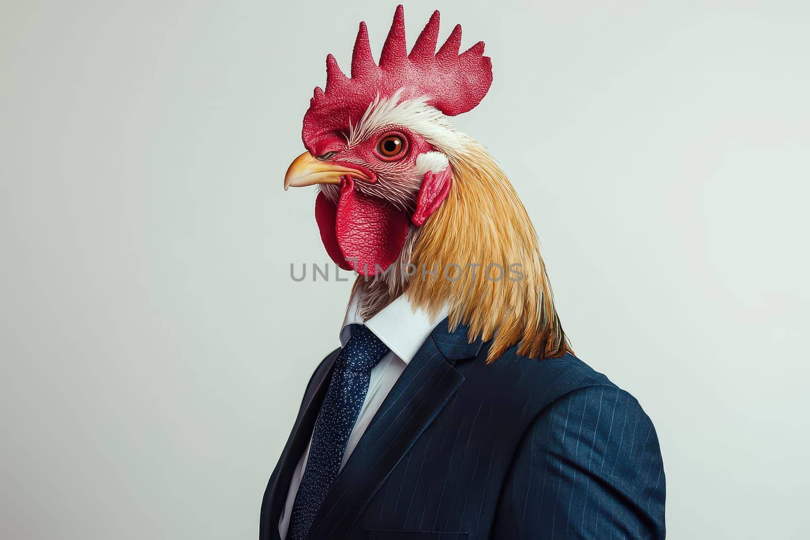 A proud rooster wearing a formal suit presents a unique blend of humor and elegance, showcasing a striking combination of animal and business attire.