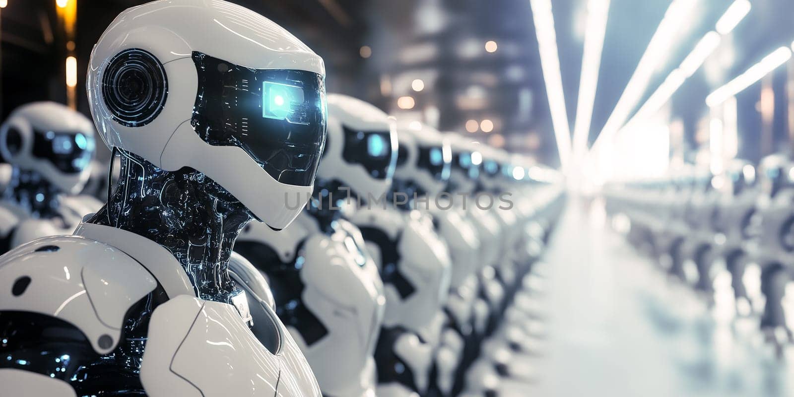 A line of sleek, identical robots standing in a high-tech facility, signifying advanced technology and artificial intelligence. The scene evokes a sense of futuristic innovation and mechanical precision.