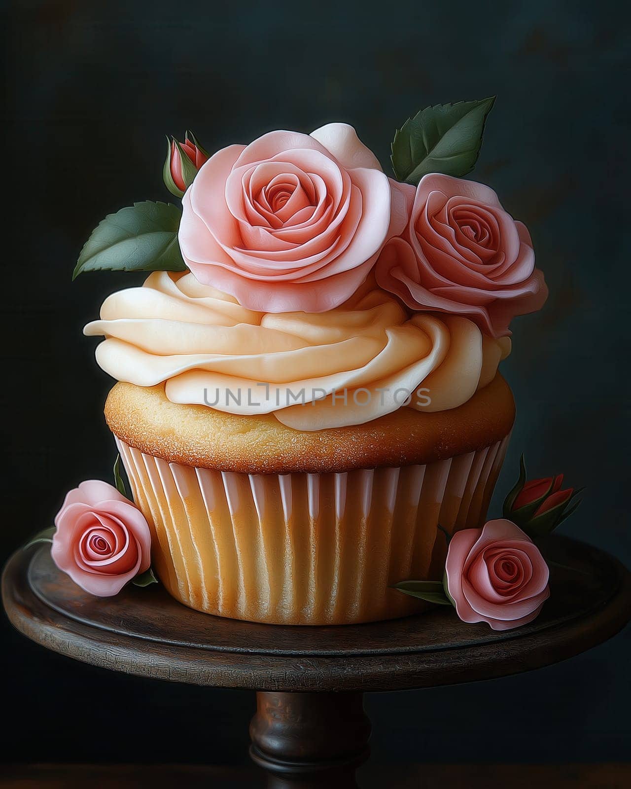 Muffin with pink roses on an abstract background. Selective focus.