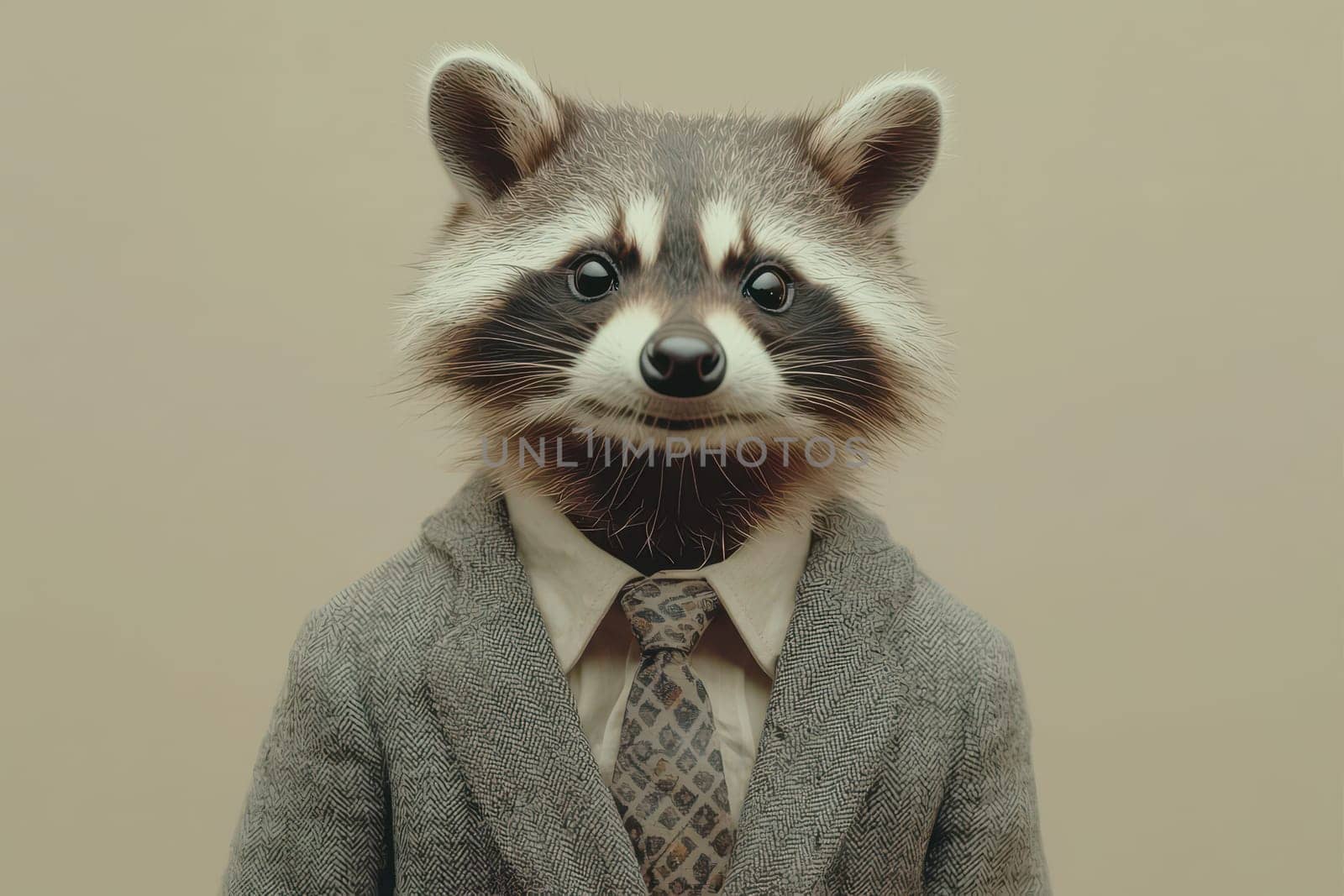 This whimsical studio shot features a raccoon dressed in a suit and tie, exuding charm and personality. A playful and unique portrait.