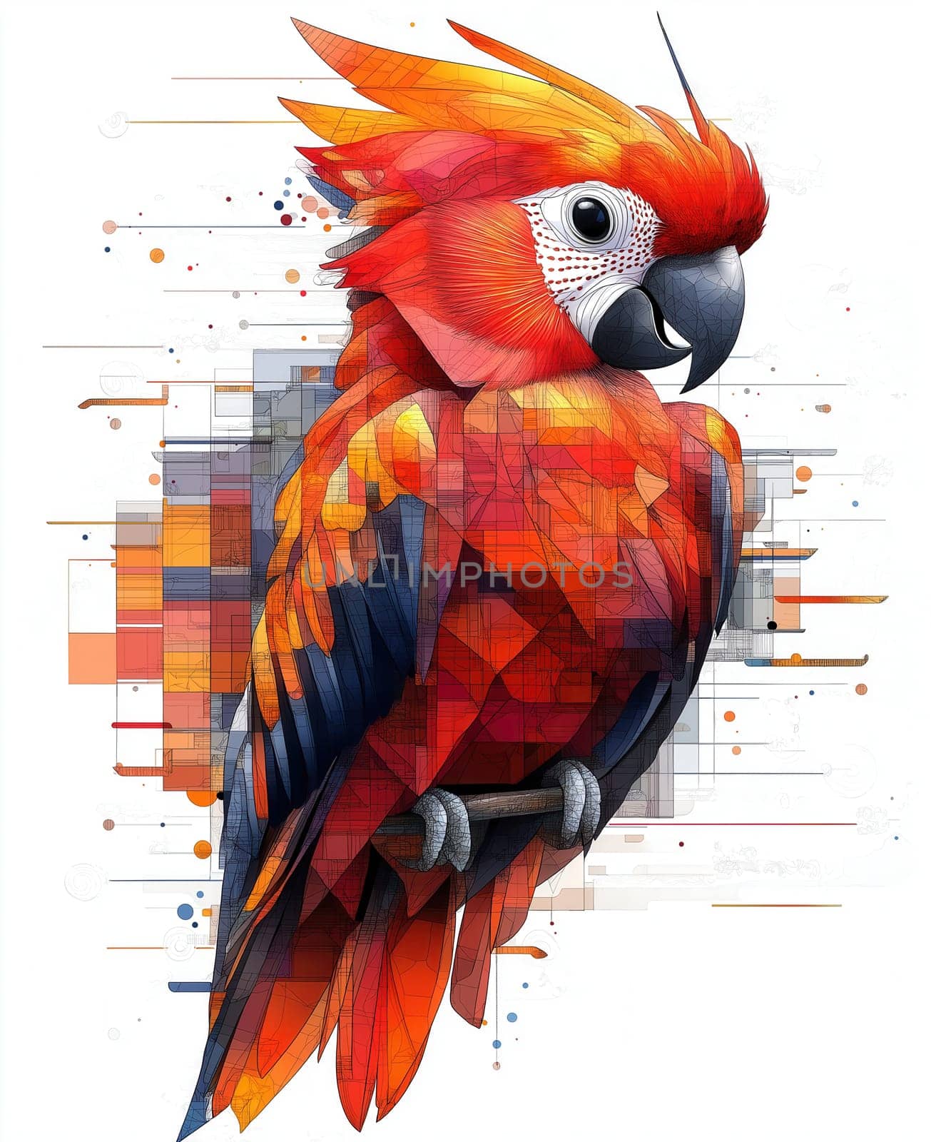 Illustration for children, colorful parrot on white background. Selective focus.