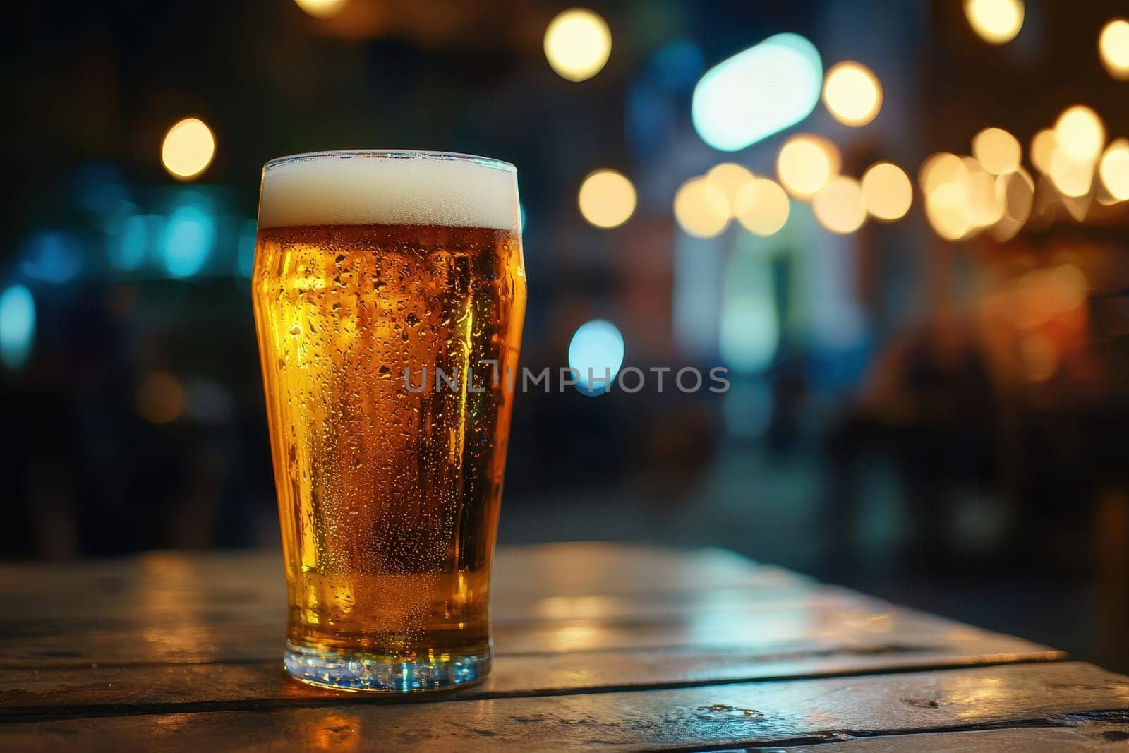 A refreshing glass of beer sits on a wooden table, illuminated by soft festival lights in a vibrant outdoor atmosphere, perfect for summer gatherings.