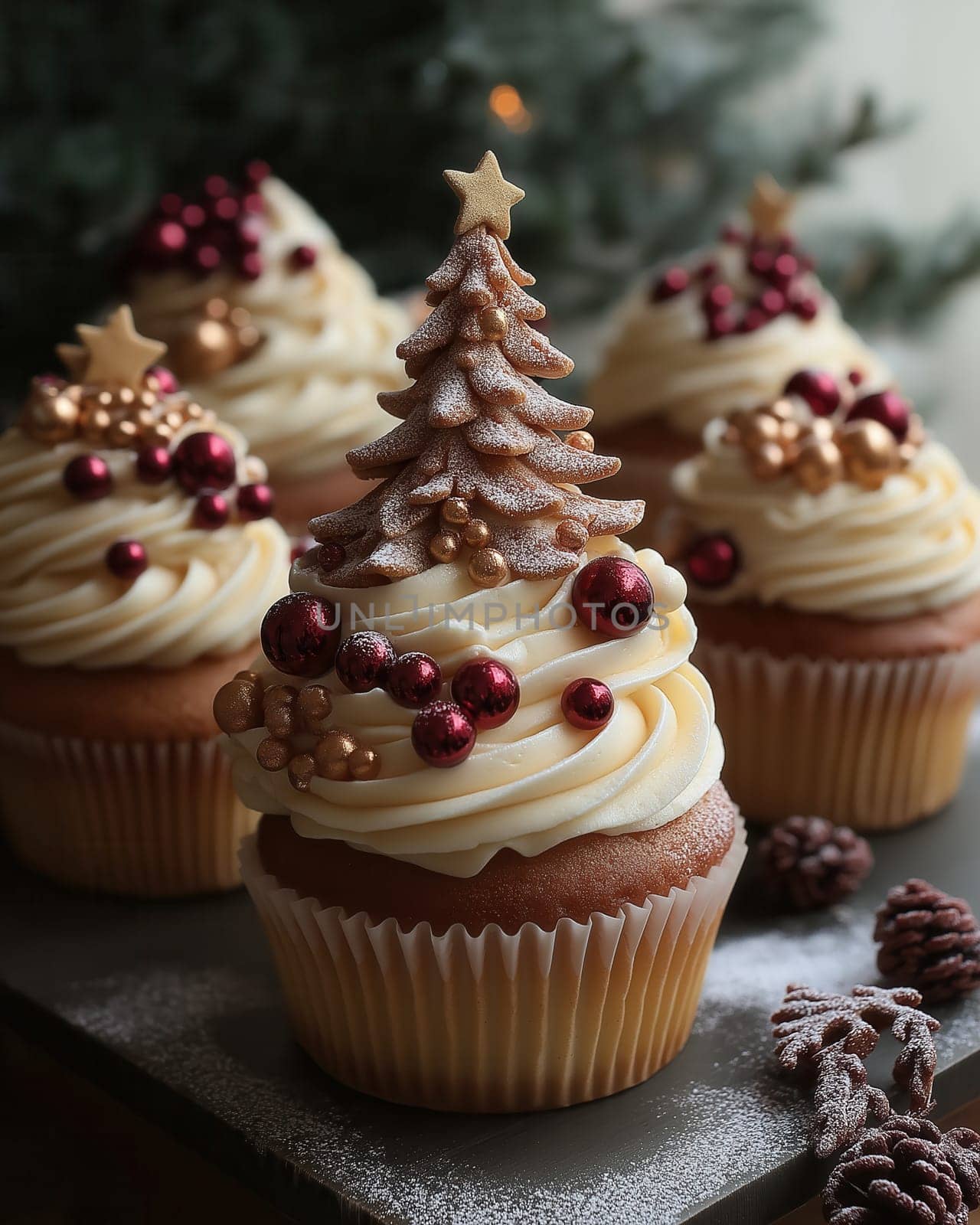 Festive muffin with Christmas tree on abstract background. Selective focus.