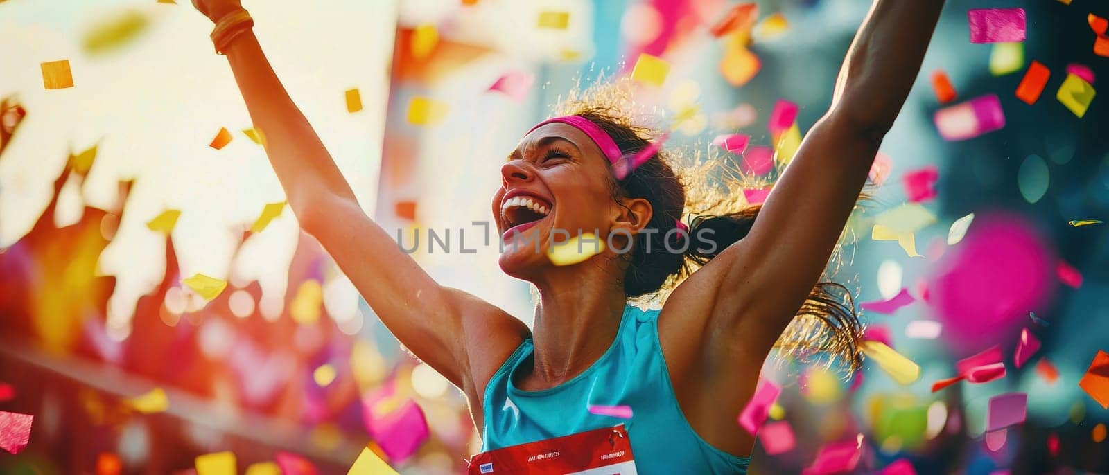 A joyful runner crosses the finish line, celebrating her victory amidst an explosion of colorful confetti. The vibrant scene captures the exhilaration of achievement in a fitness event.