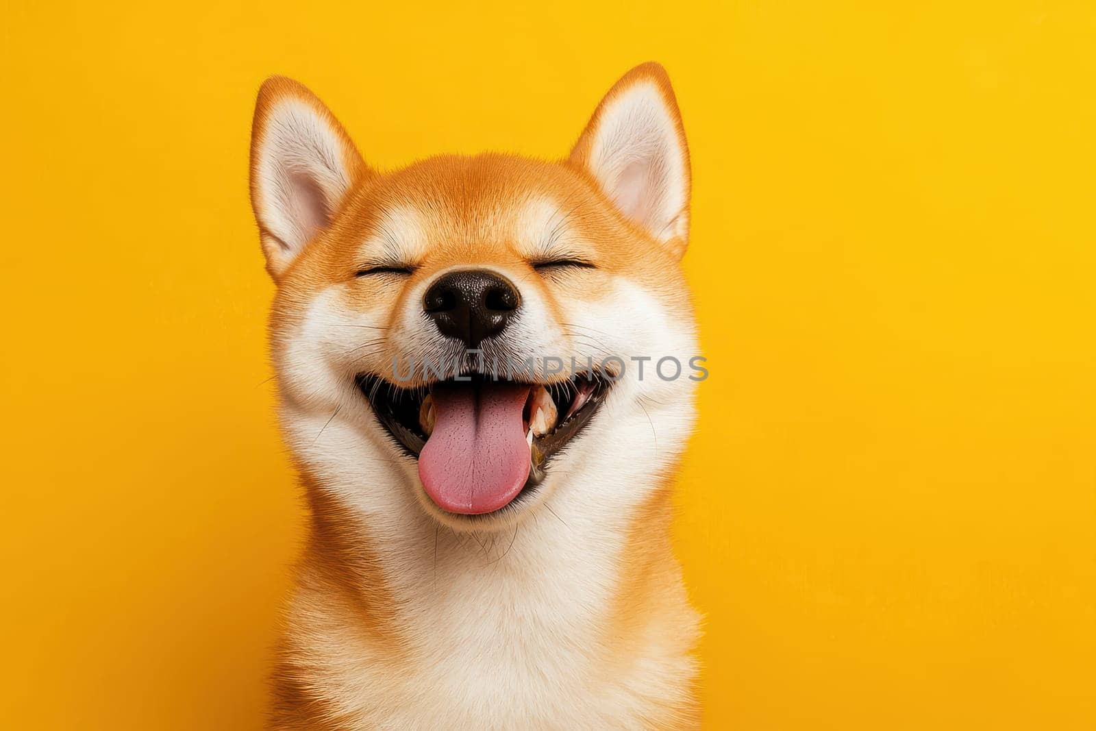This vibrant image features a playful dog dabbing with its tongue out, set against a vivid yellow backdrop. The dog's cheerful expression radiates joy and fun.