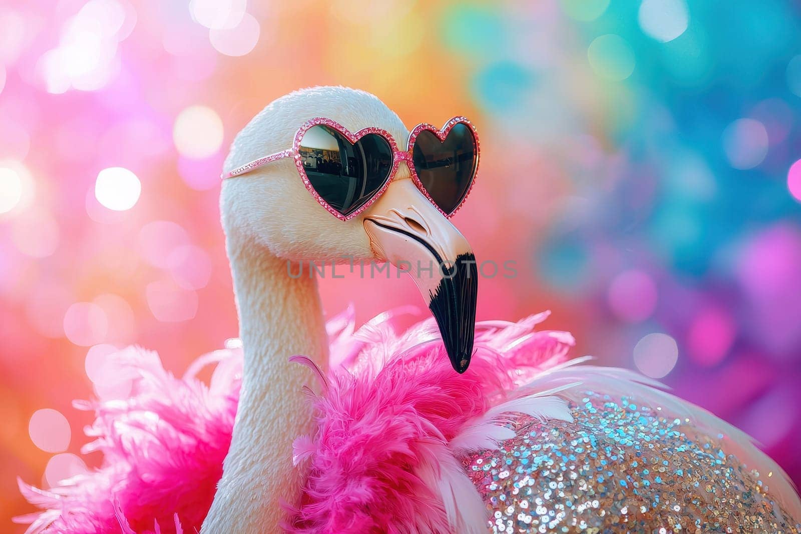 A playful flamingo adorned with a sparkling feather boa and heart-shaped sunglasses against a vibrant, colorful backdrop, perfect for fun and creative themes.
