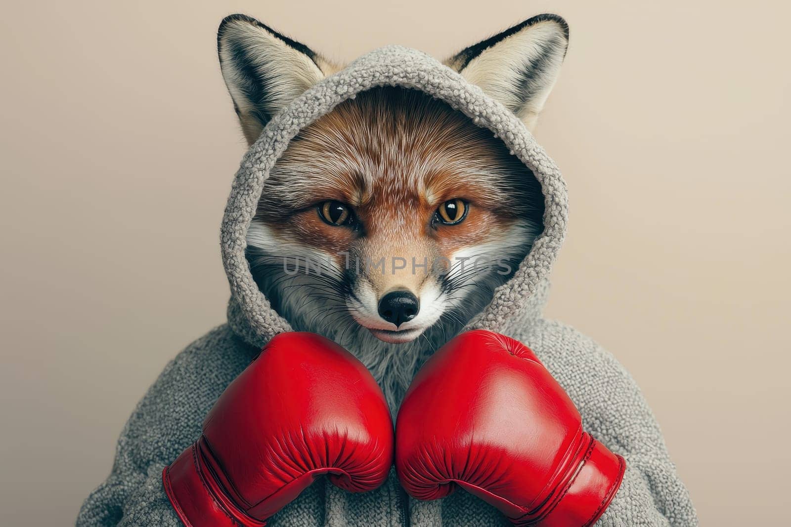 A captivating image of a red fox wearing a hooded sweatshirt and boxing gloves, blending humor and sport in a unique character portrayal. Perfect for creative projects.