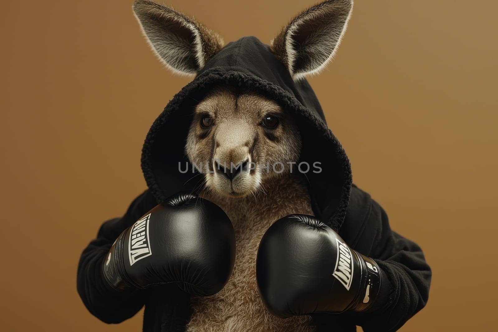 A unique portrayal of a determined kangaroo dressed in black boxing gloves and a hood. This creative image captures the spirit of competition and fun.