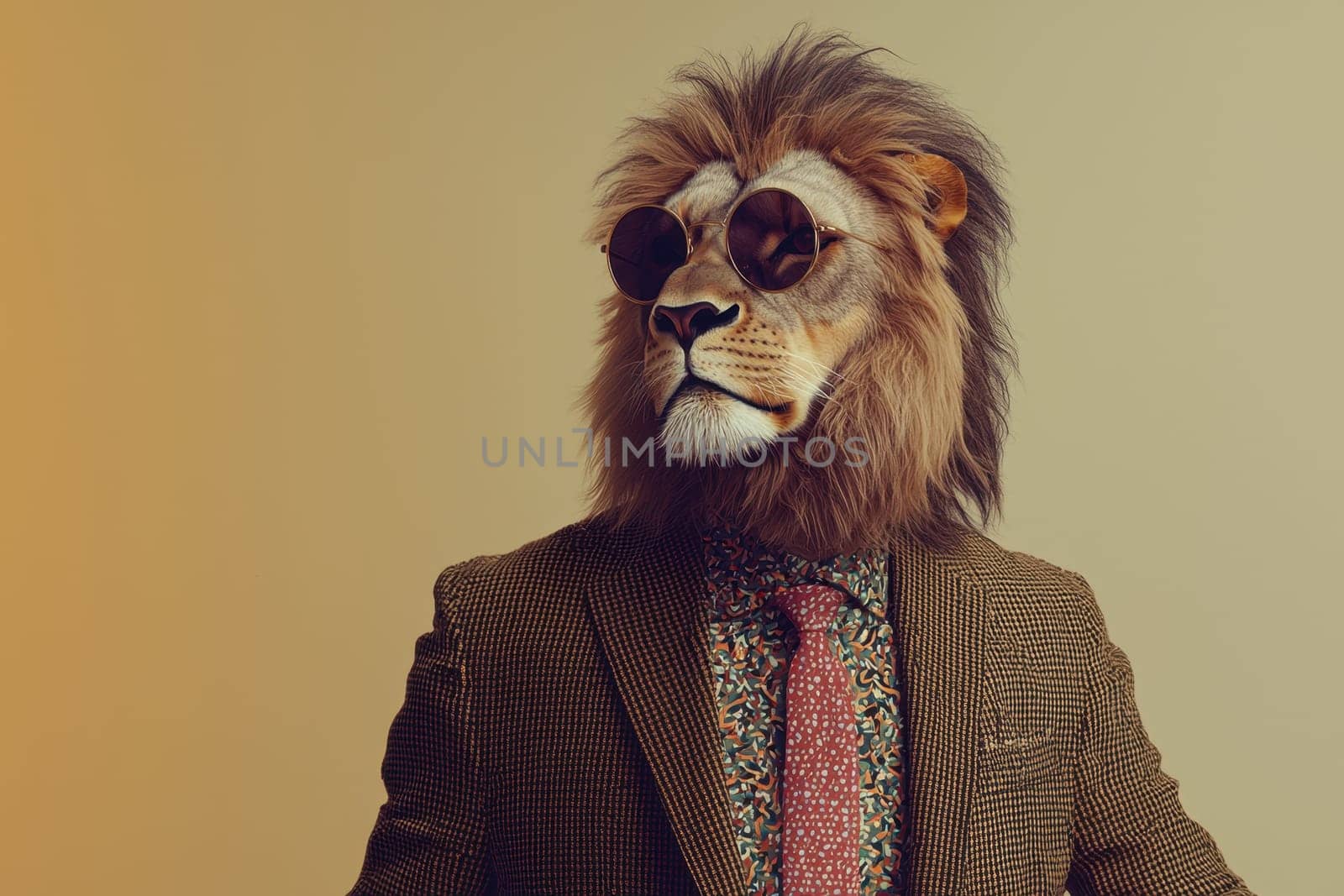 A charming lion dressed in a stylish tailored suit and sunglasses, blending whimsy with elegance. Perfect for artistic projects or fashion contexts.