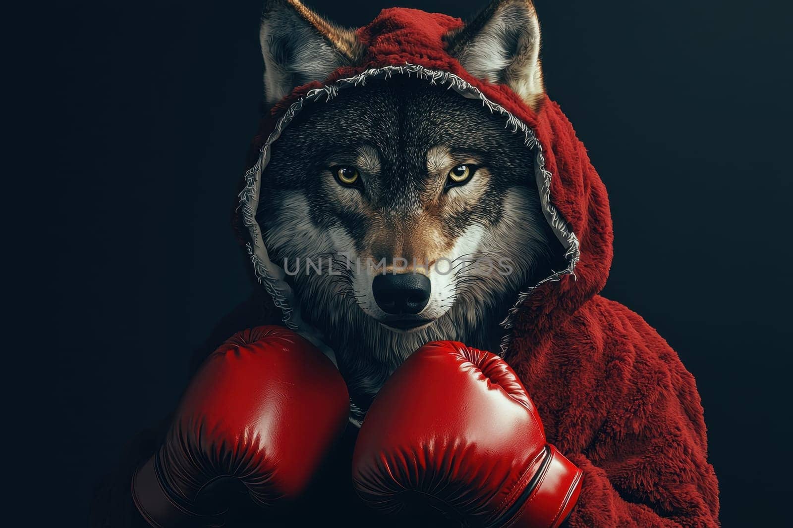 A striking photorealistic portrait of a wolf wearing a red hoodie and boxing gloves. The intense gaze adds a powerful and unique character, perfect for creative projects.