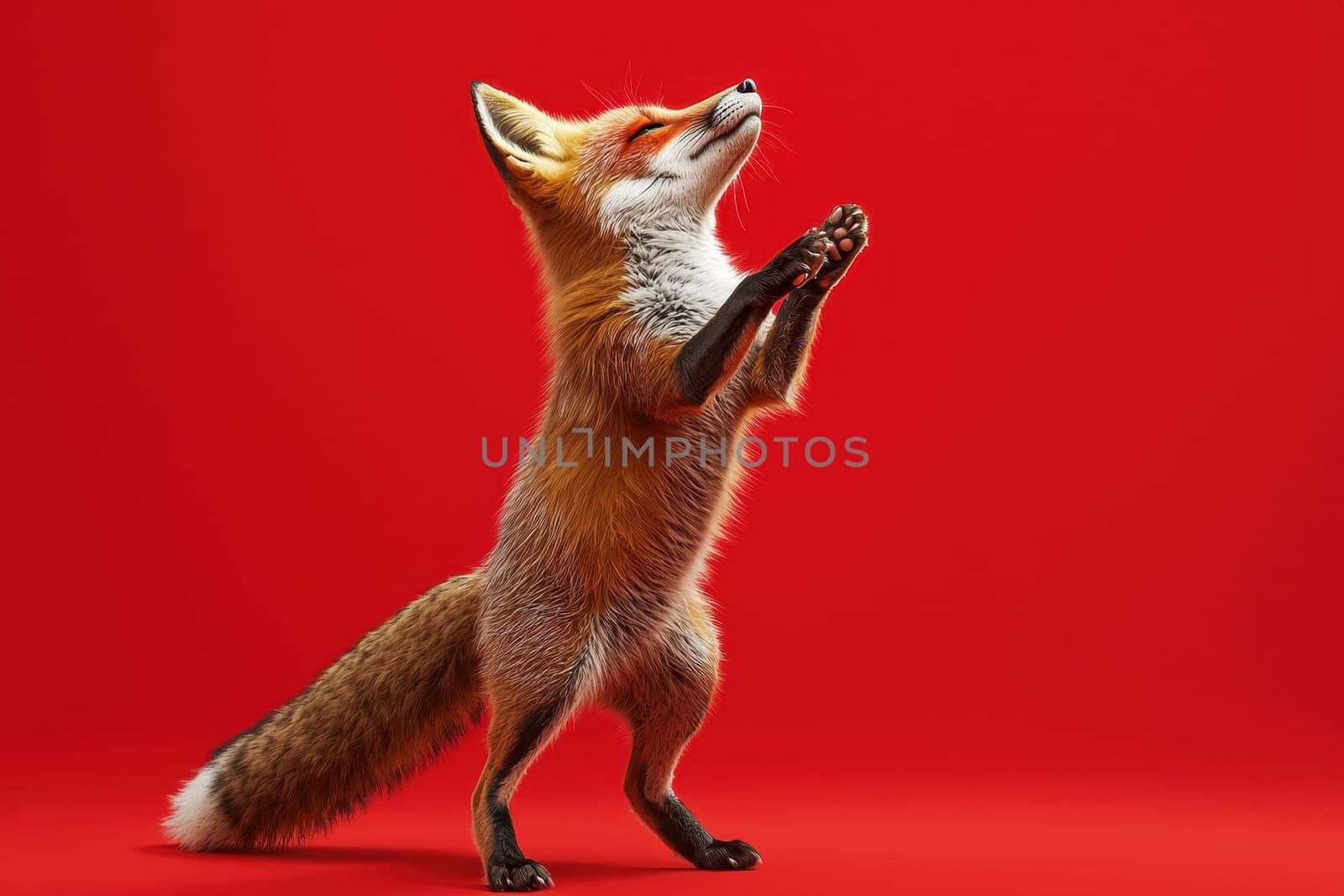 A stylish fox strikes a mid pose against a vibrant red background, exuding charm and playful energy. This captivating image captures the essence of wildlife.