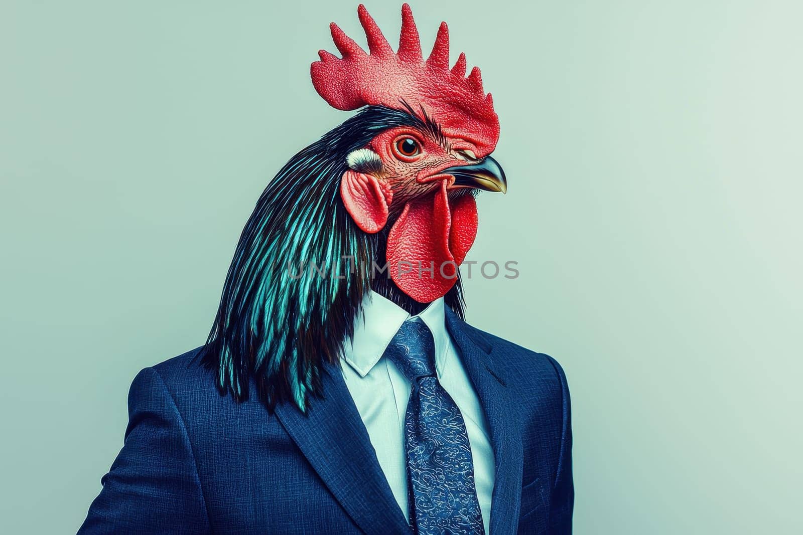 A striking portrayal of a proud rooster dressed in formal attire, featuring a deep blue suit and tie. This whimsical image blends nature with creativity, celebrating uniqueness and style.