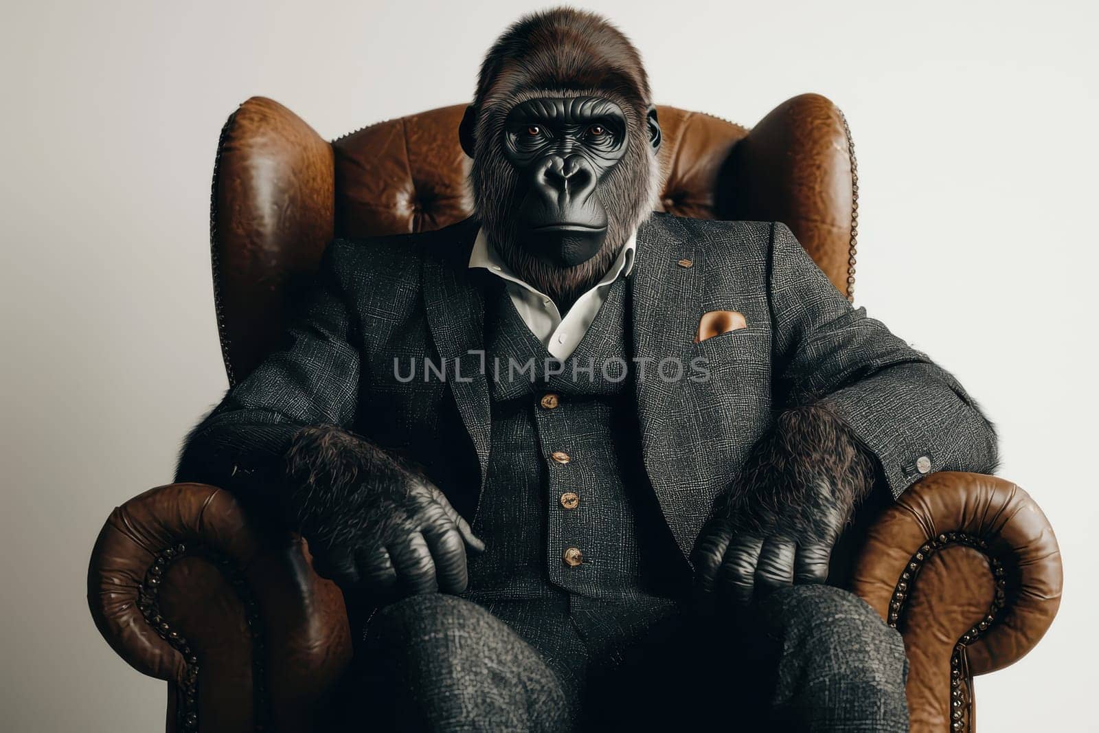 A unique portrayal of a silverback gorilla dressed in a perfectly tailored suit, exuding elegance and personality while seated in a luxurious chair.