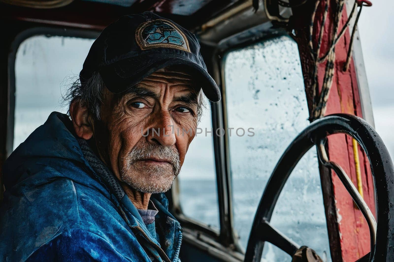 A man steers a boat under a cloudy sky, capturing a moment of contemplation. The intense expression hints at deep thoughts and connection to the sea.