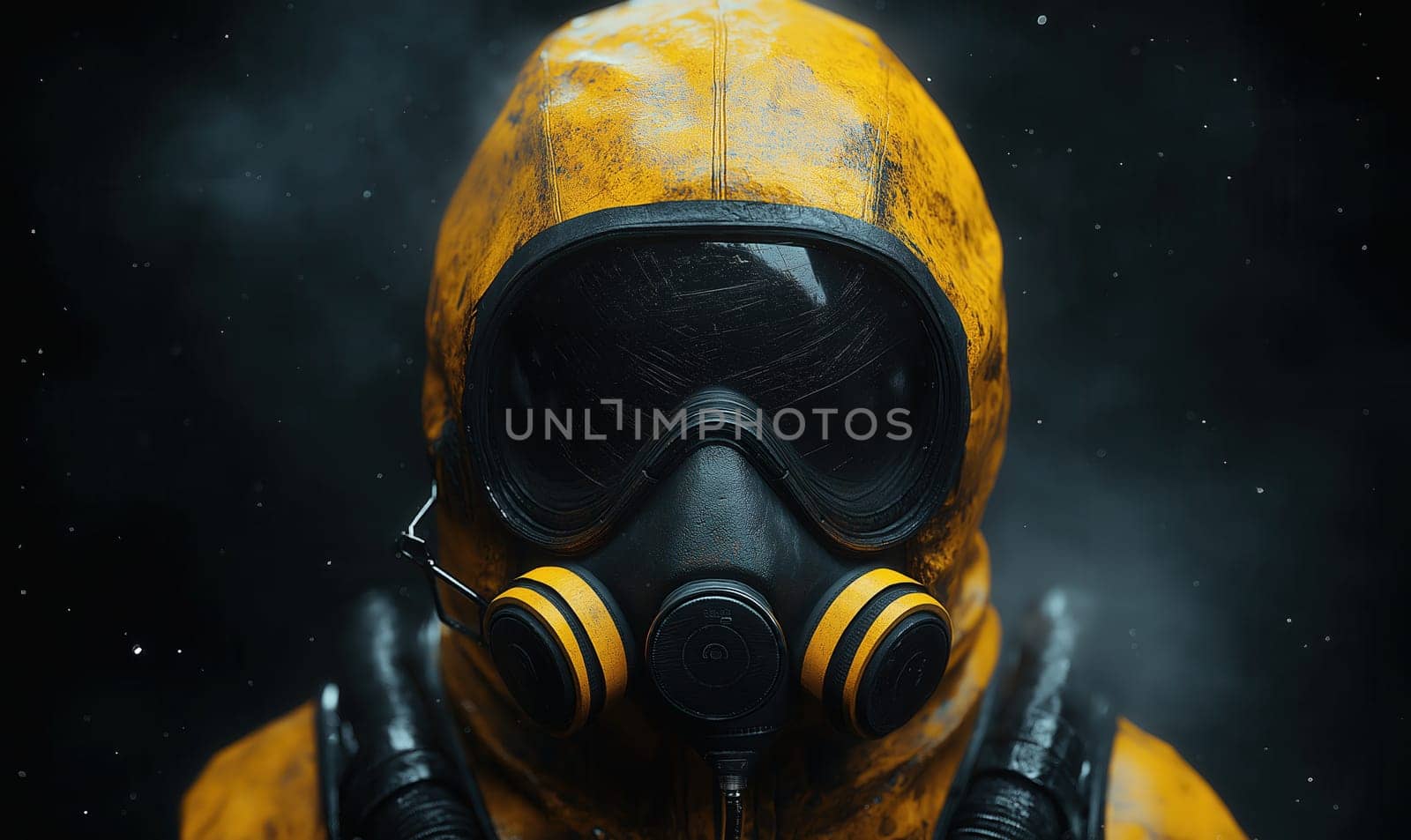 Man in protective suit and gas mask, safety concept. Selective focus.