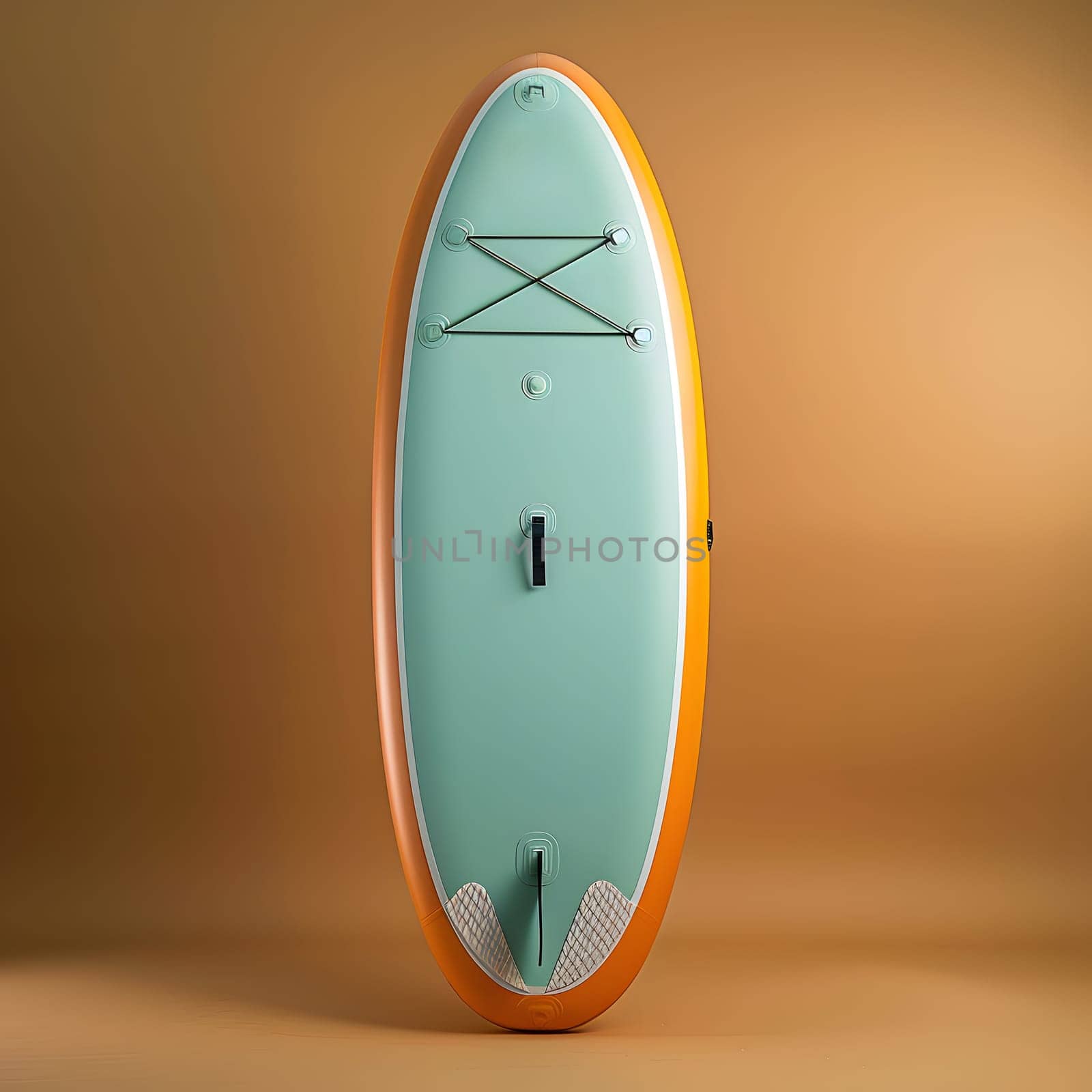 An eyecatching green and orange surfboard with a large X logo on it. A unique piece of surfing equipment that would stand out on the water