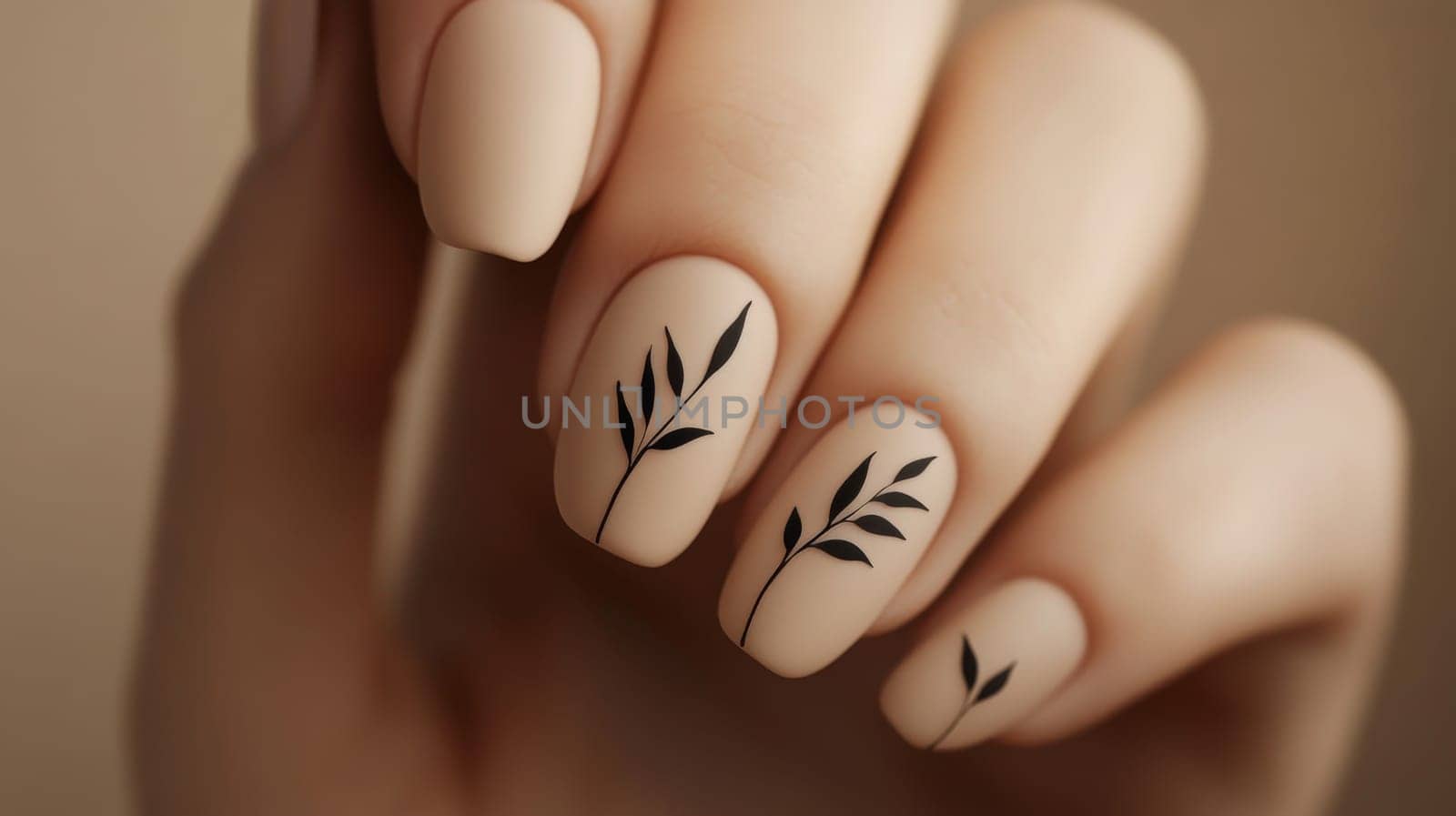 Delicate close-up shot showcasing a woman's hand adorned with elegant matte beige nail polish, featuring intricate black foliage designs. ideal for beauty, fashion, and minimalist lifestyle themes, sophistication and style.
