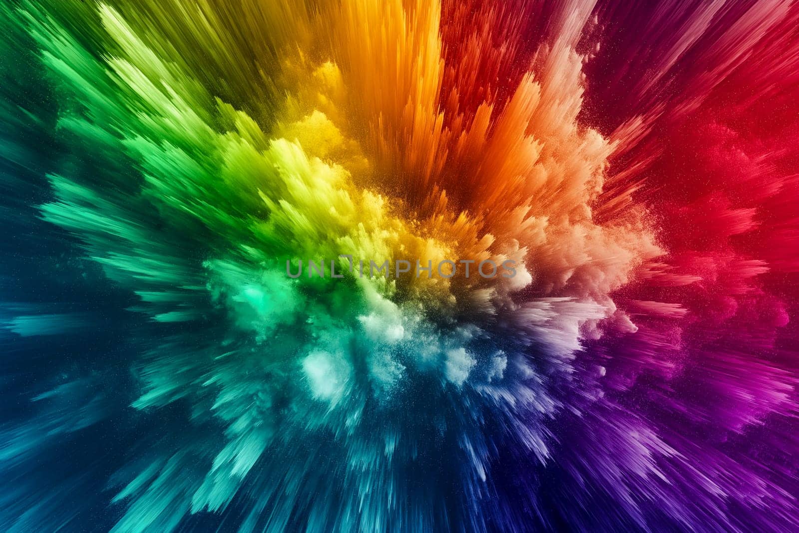 Dramatic explosion of vibrant rainbow colors creating a dynamic abstract art piece, full of energy and movement.