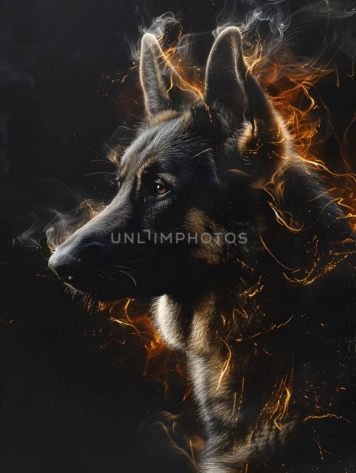 A German Shepherd, a carnivorous dog breed in the Canidae family, is enveloped by fire and smoke in the darkness, an intense event captured in a stunning painting of this terrestrial animals fur