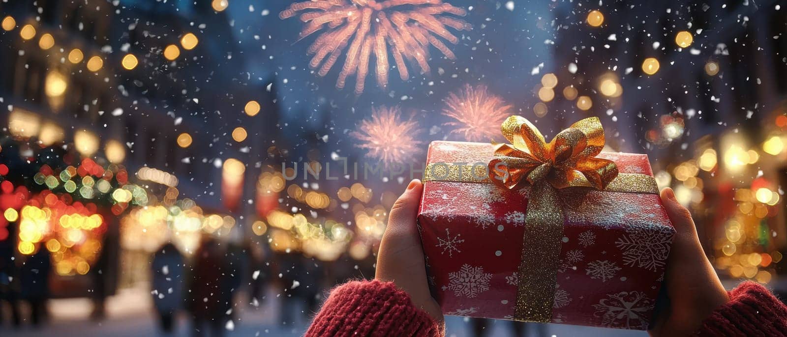 A child's hand delicately holds a beautifully wrapped gift box amidst a festive setting, with snow falling and fireworks illuminating the night sky, evoking joy and wonder.