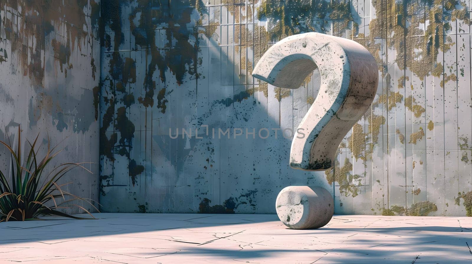 Concrete question mark sculpture in a worn urban environment. Artistic street detail.