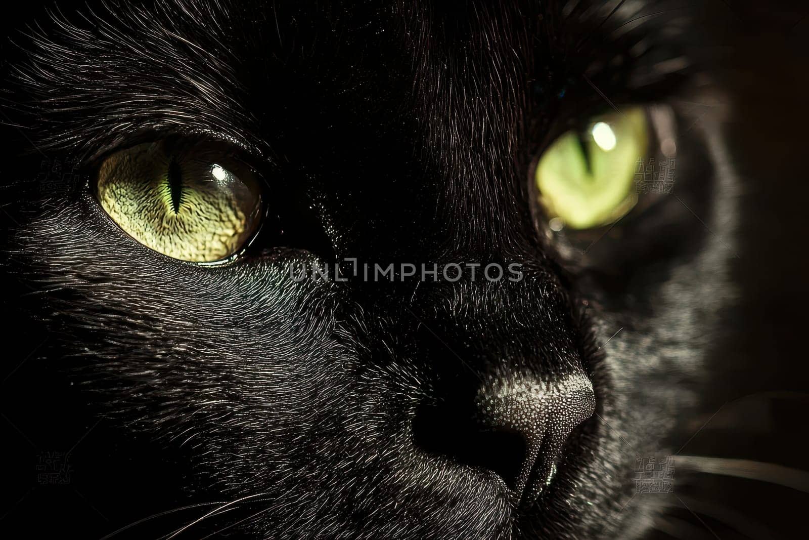 This close-up portrait captures the striking features of a black panther. Its vibrant green eyes convey intensity and elegance, showcasing nature's beauty.
