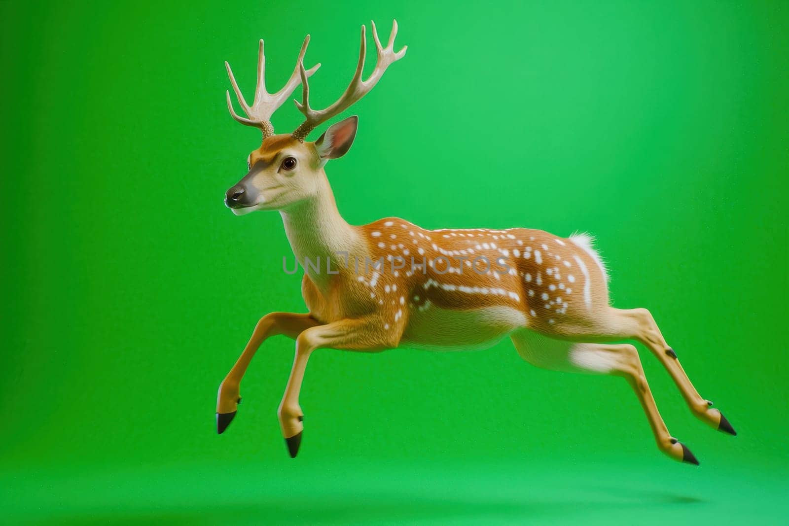 A graceful deer leaps against a vivid green background, showcasing its elegant posture and features. Perfect for nature-themed projects or artistic designs.