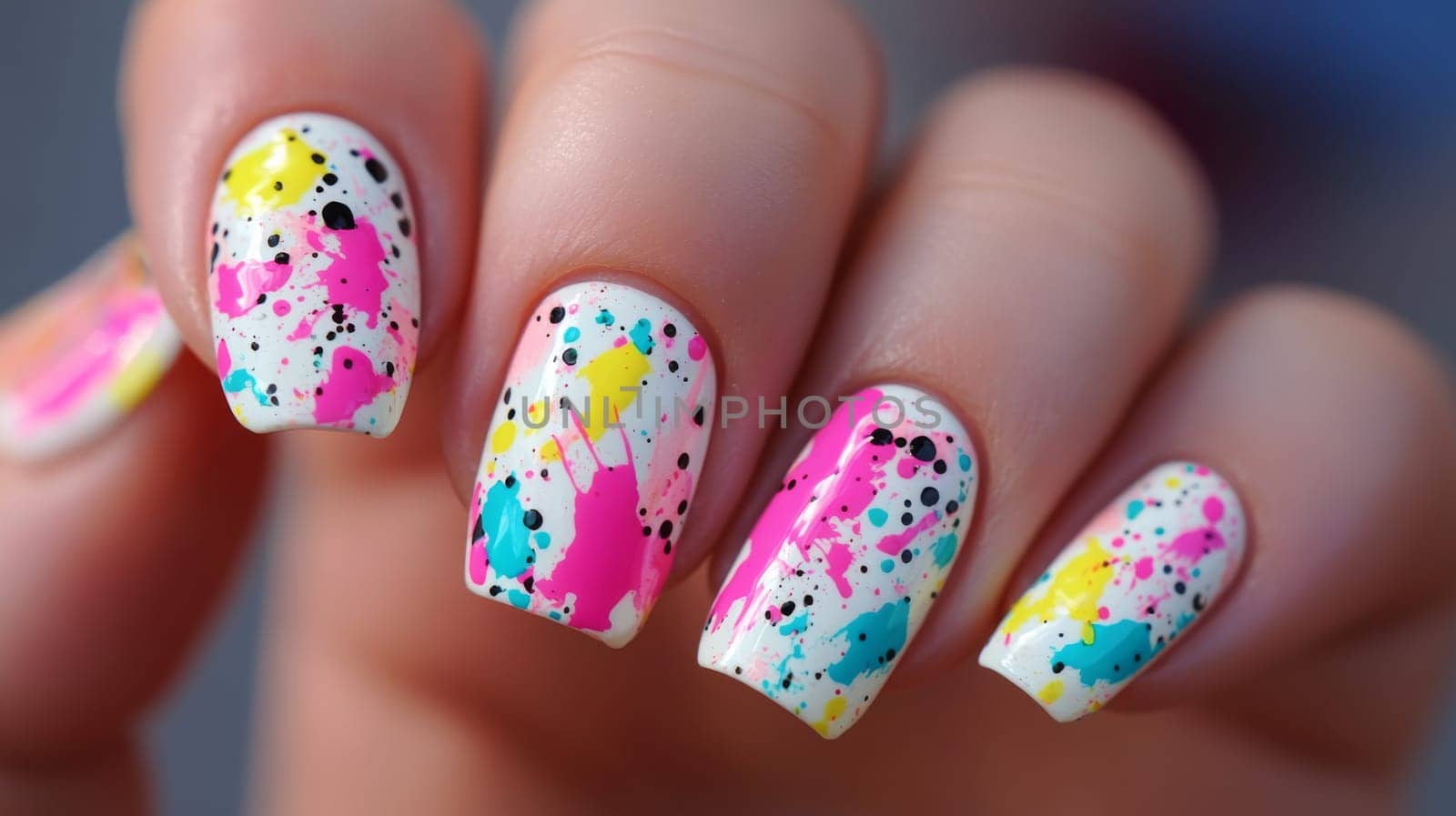 A detailed close-up showcases a woman's hand with vibrant nail art, featuring a striking abstract splatter design. the multicolored pattern contrasts against a white background, creativity and style.