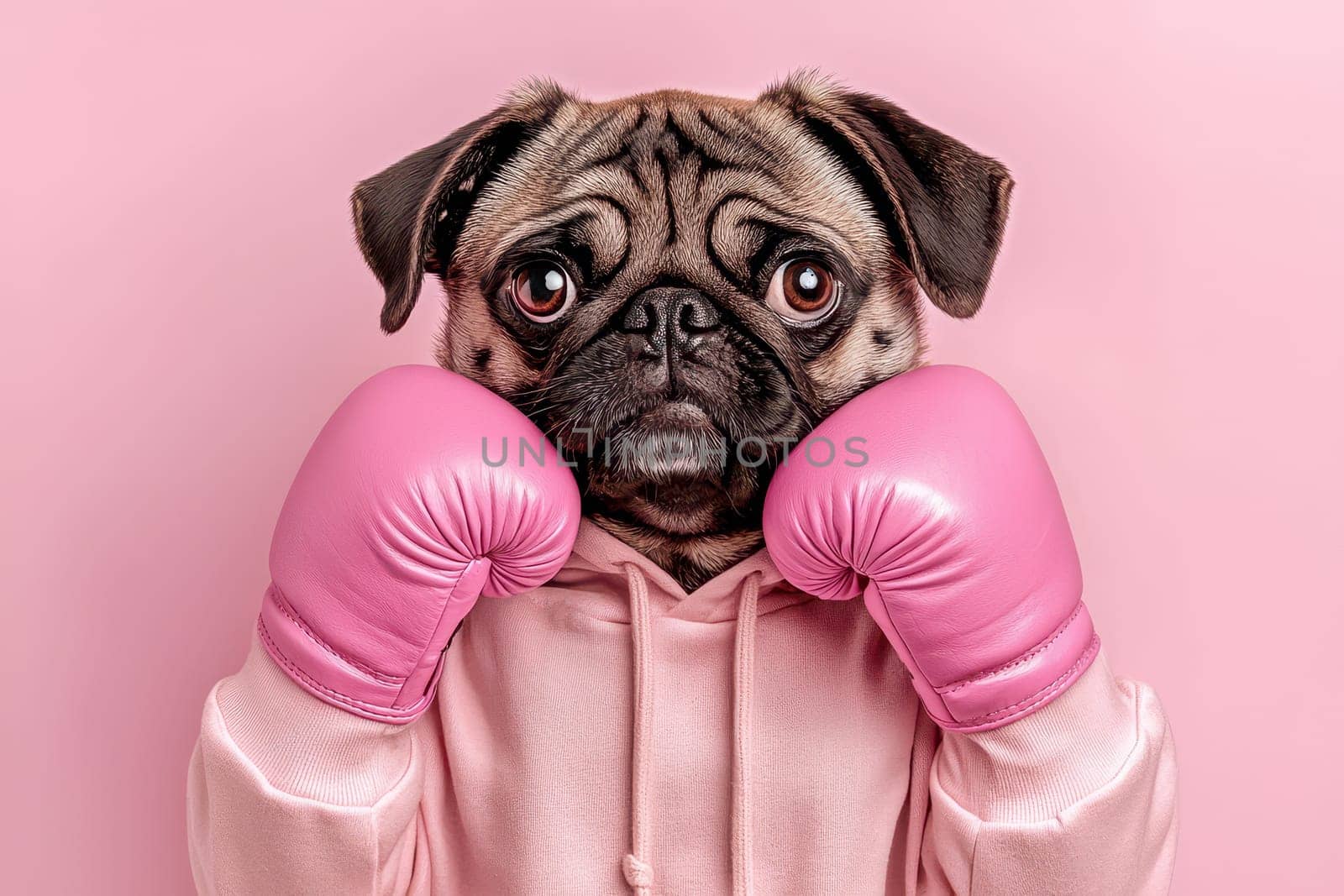 This goofy pug is dressed in pink boxing gloves, showcasing a humorous expression. Its charming look against a pink backdrop brings joy and playfulness.