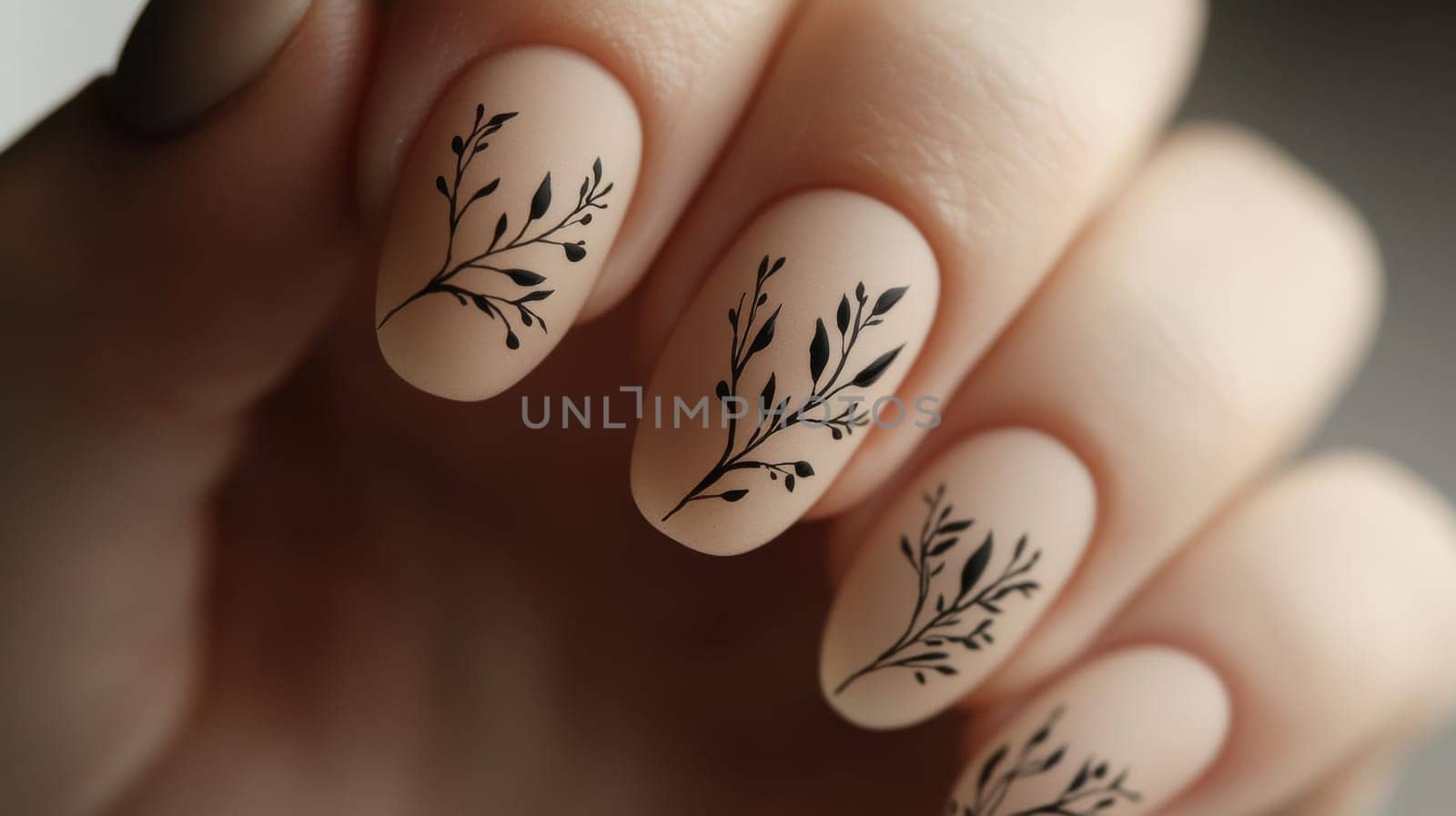 Matte beige nails accented with intricate black botanical designs offer a chic look. the close-up elegant simplicity and modernity of the nail art, suitable for fashion-forward styling or beauty references.