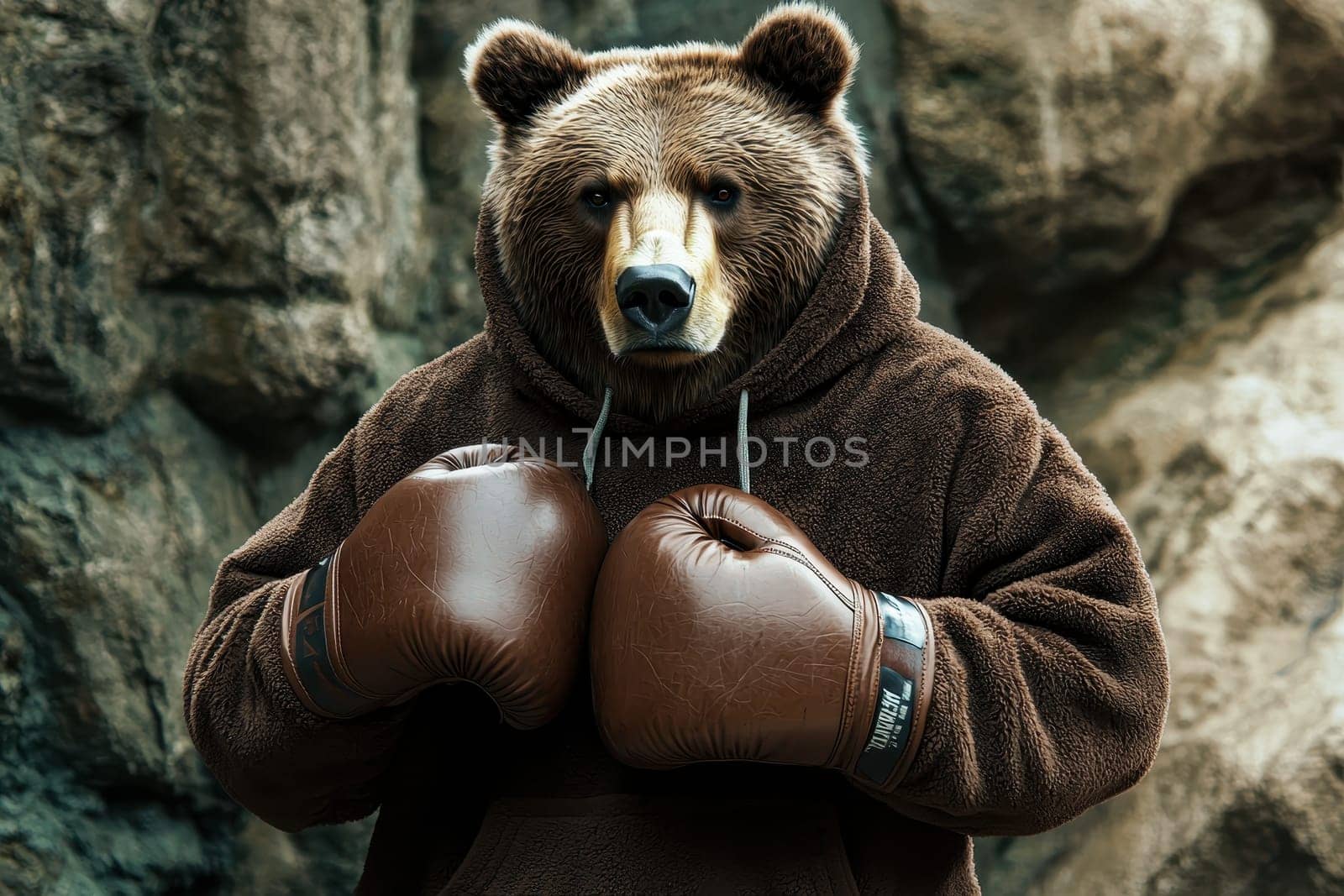 A powerful grizzly bear stands confidently in boxing gloves, showcasing a unique blend of strength and humor. This captivating wildlife portrait captures the essence of nature's might.