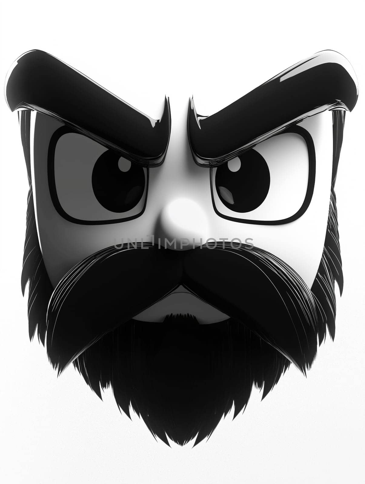 A striking cartoon face with a large mustache and bold eyebrows showcasing an intense and focused expression. Ideal for creative, fun, or animated projects.