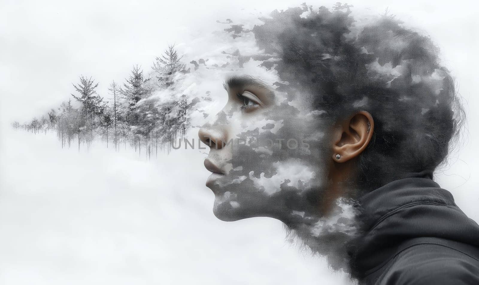 Monochrome abstract sketch of a human head, neurographics. Selective focus.